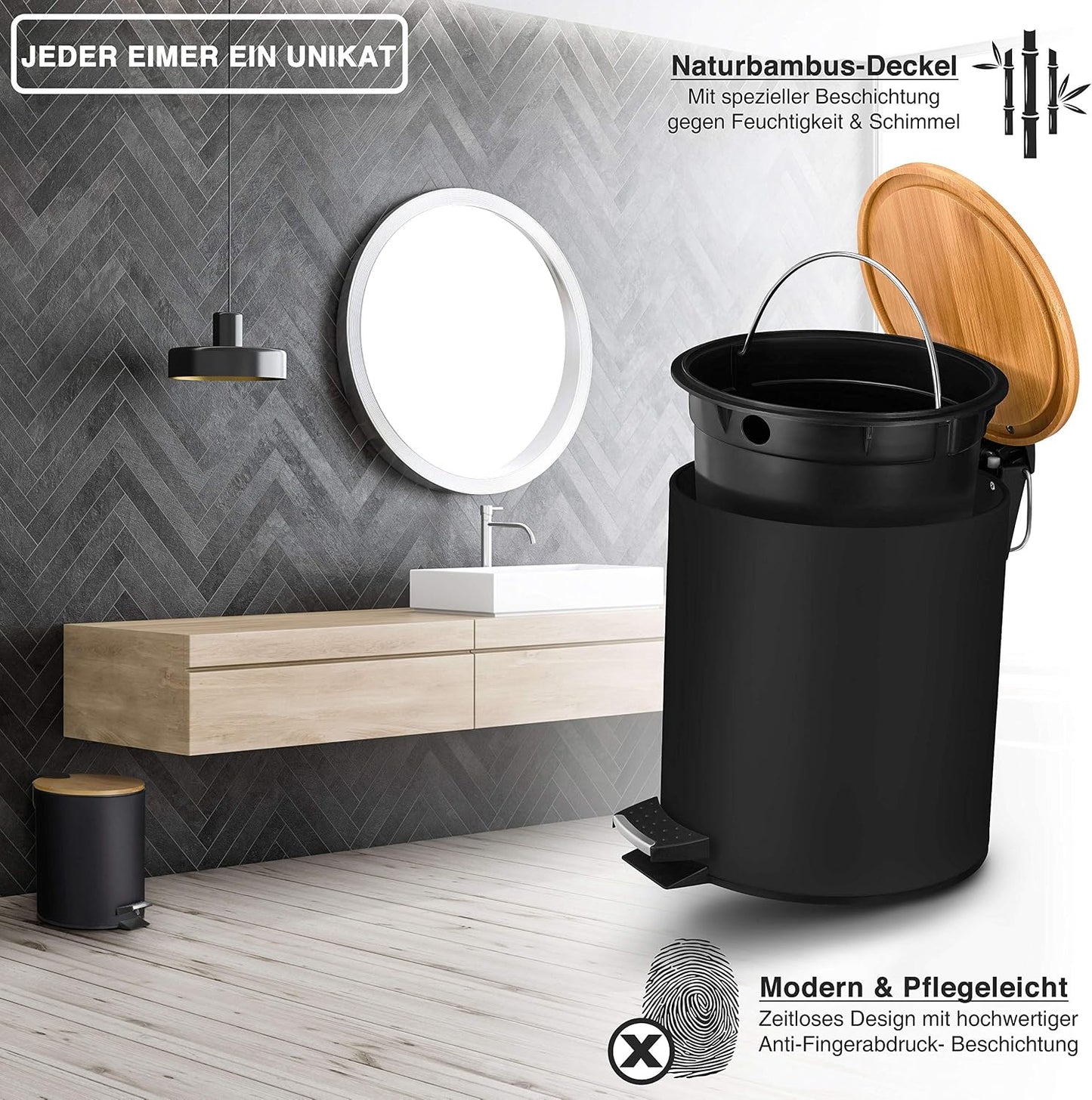 Kosmetikeimer mit Soft-Close und Bambusdeckel, Schwarz Matt 5L