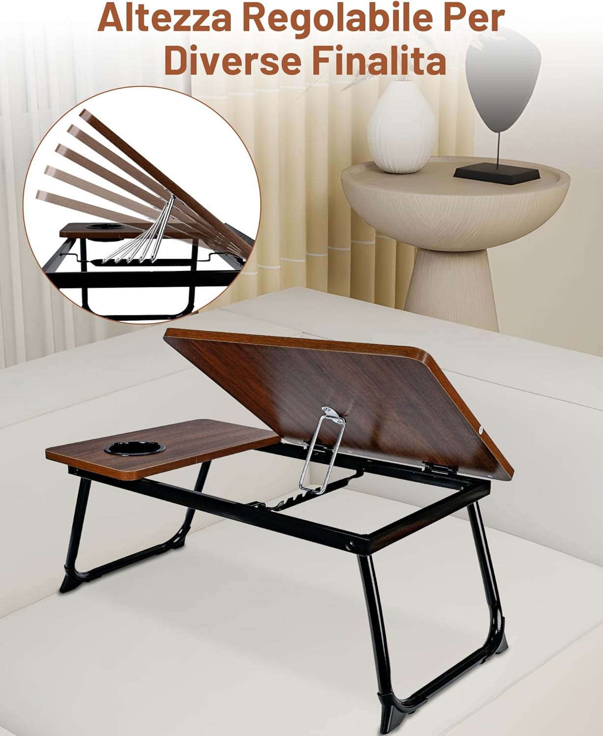 Verstellbarer Bett- & Laptoptisch mit Leseablage und Getränkehalter, Dunkelbraun