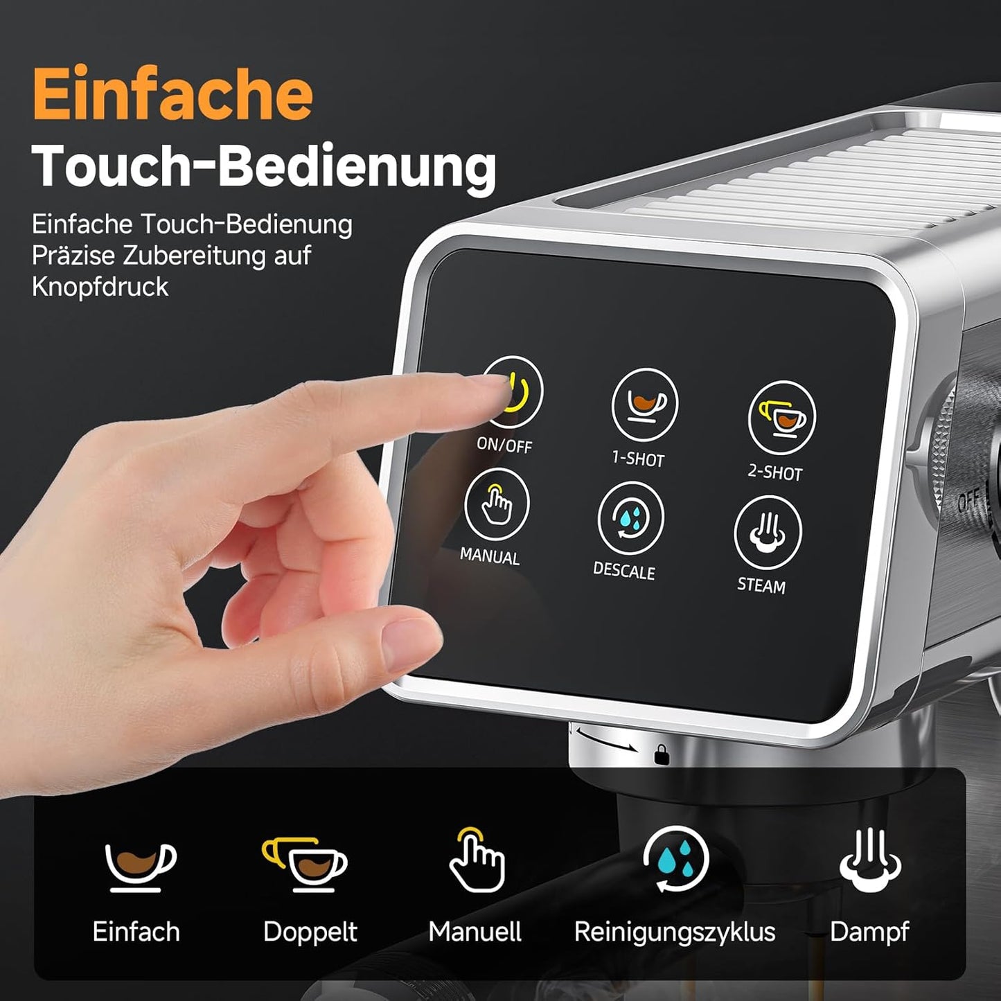Siebträgermaschine mit LED-Touchscreen, 1.2L Black