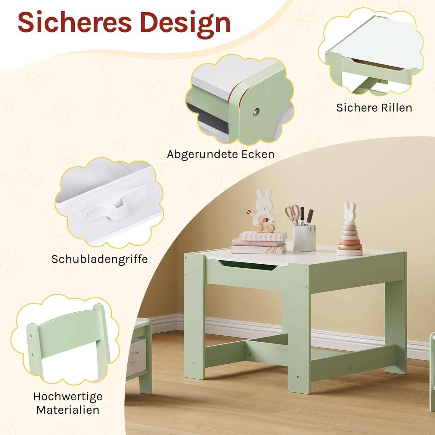 Kindertisch mit Stühlen und Stauraum, Grün + Weiss
