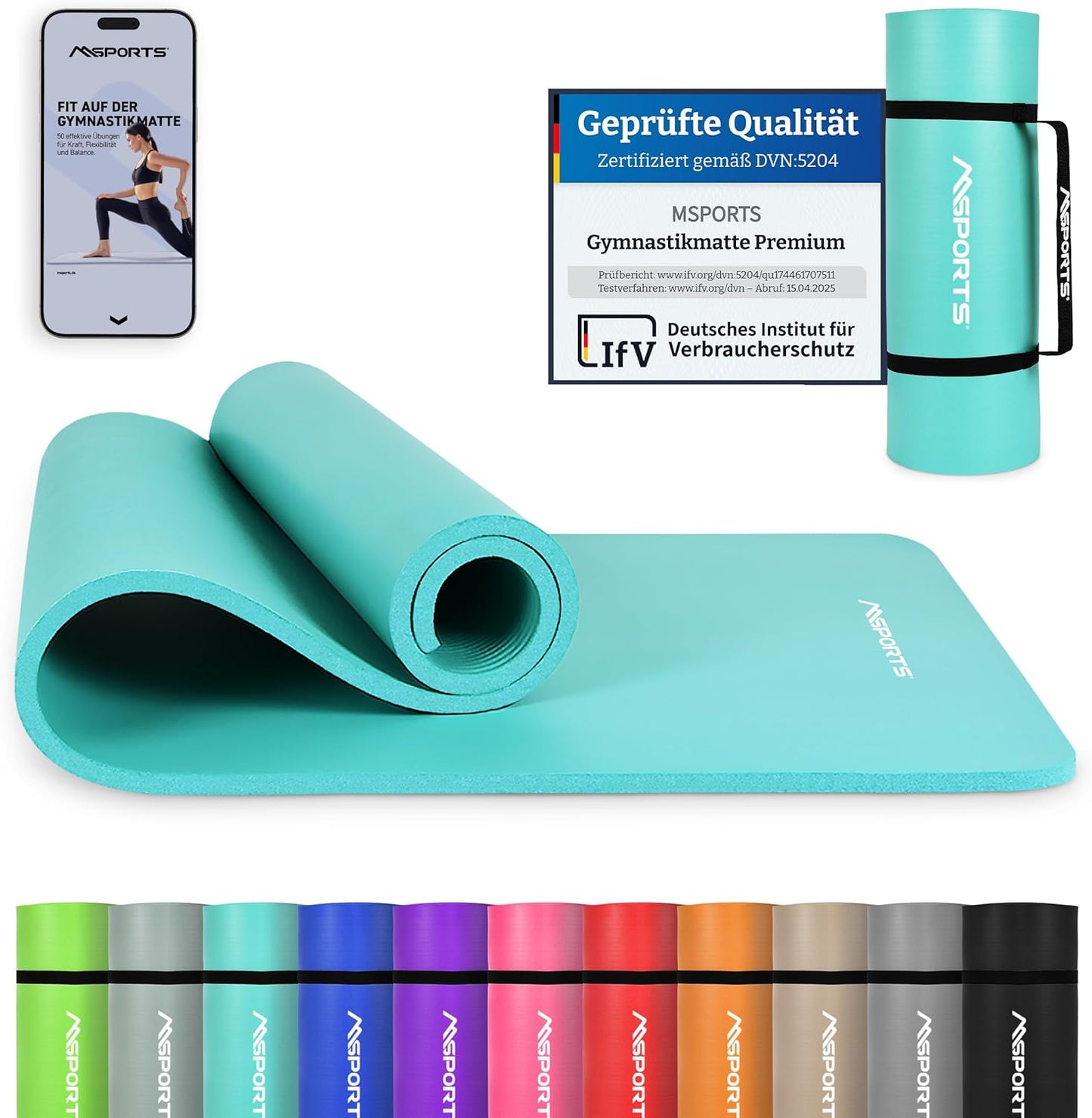 Gymnastikmatte mit Tragegurt, Aquamarin / 190 x 60 x 1,5 cm