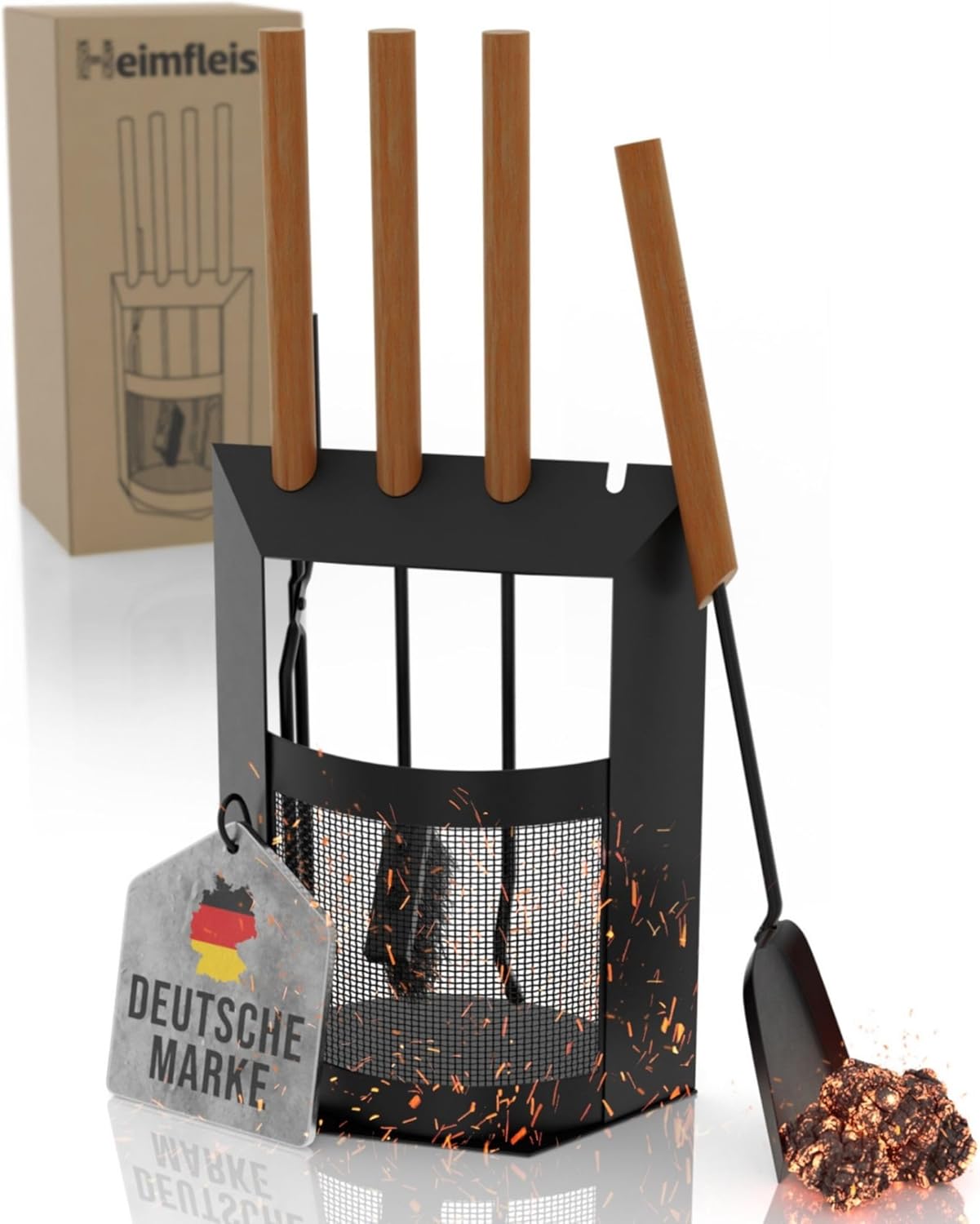 Kaminbesteck-Set mit Holzgriffen, Schwarz mit Holzgriffen - Design 40