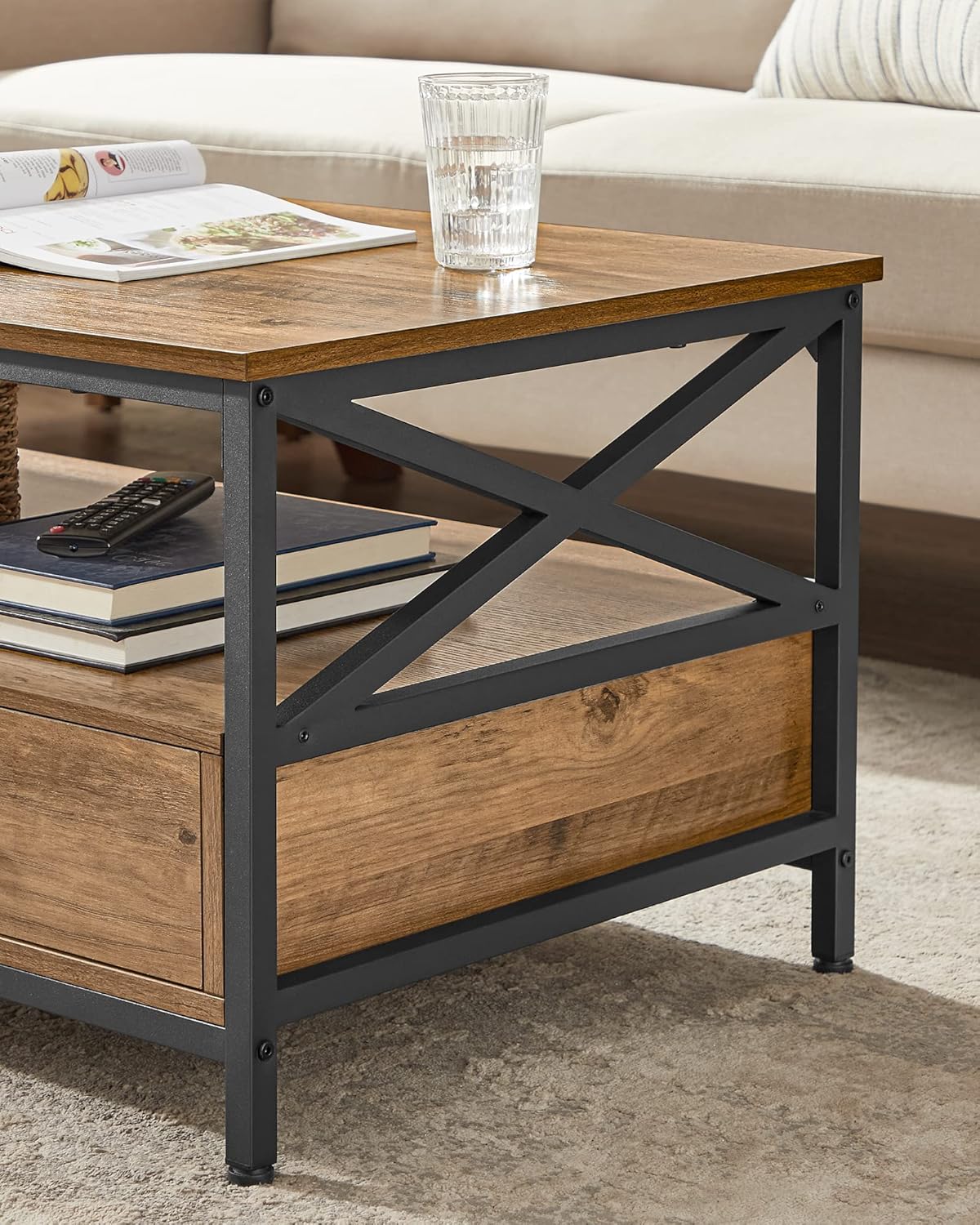 Couchtisch im Industrie-Design mit Schubladen, Braun