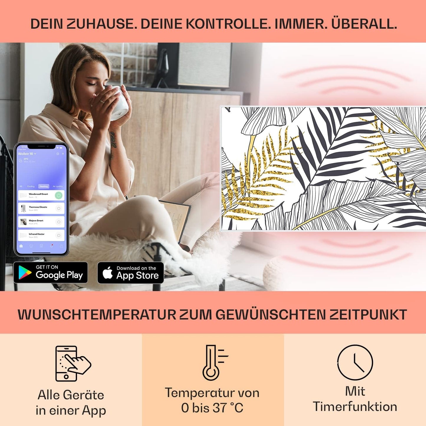 Air Art Smart Infrarotheizung, 120 x 60 cm/ 700 W Blatt - Weiss