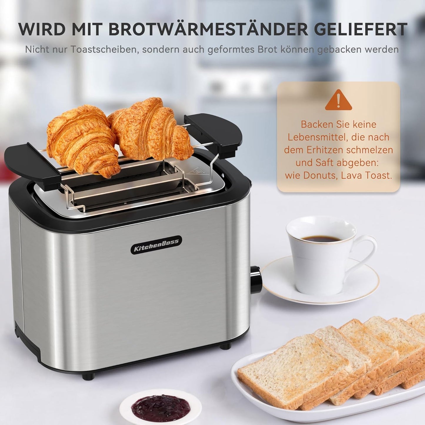 Toaster mit Brötchenaufsatz und herausnehmbarer Krümelschublade