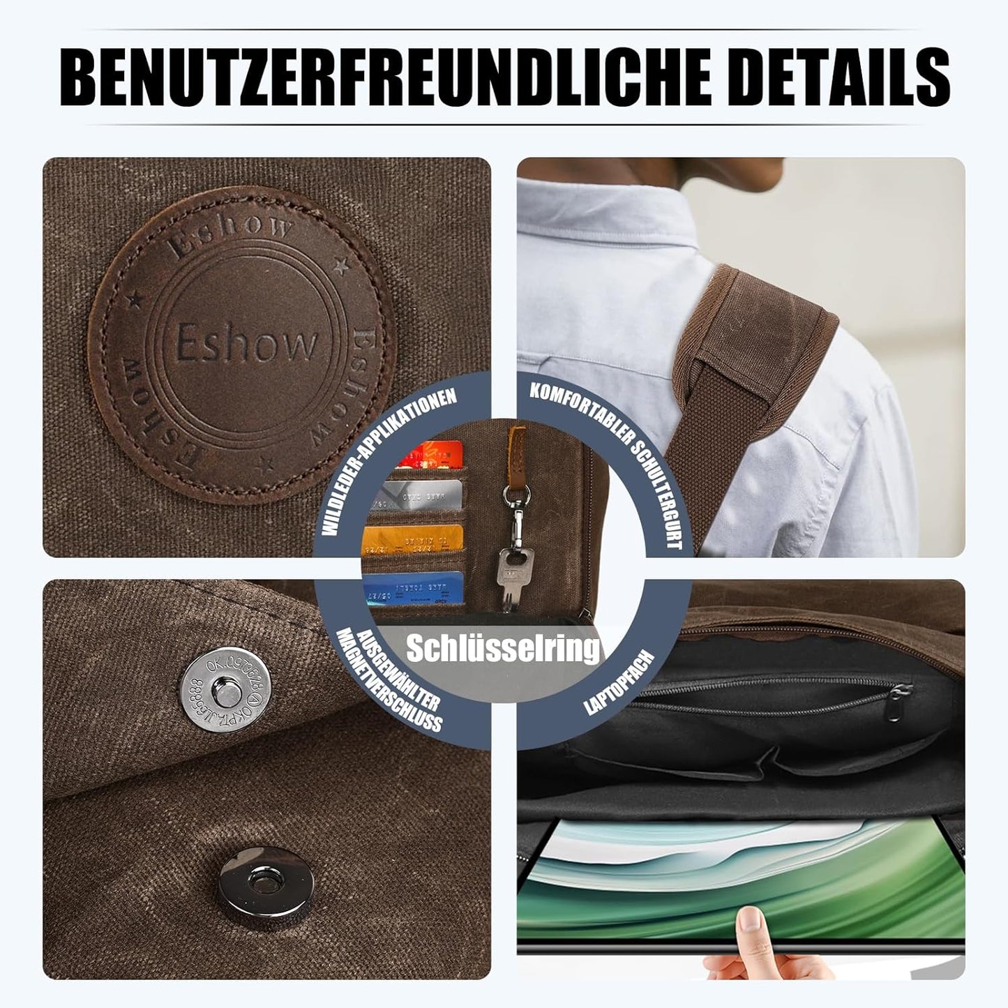 Wasserabweisende Vintage-Umhängetasche, Braun 15,6-Zoll