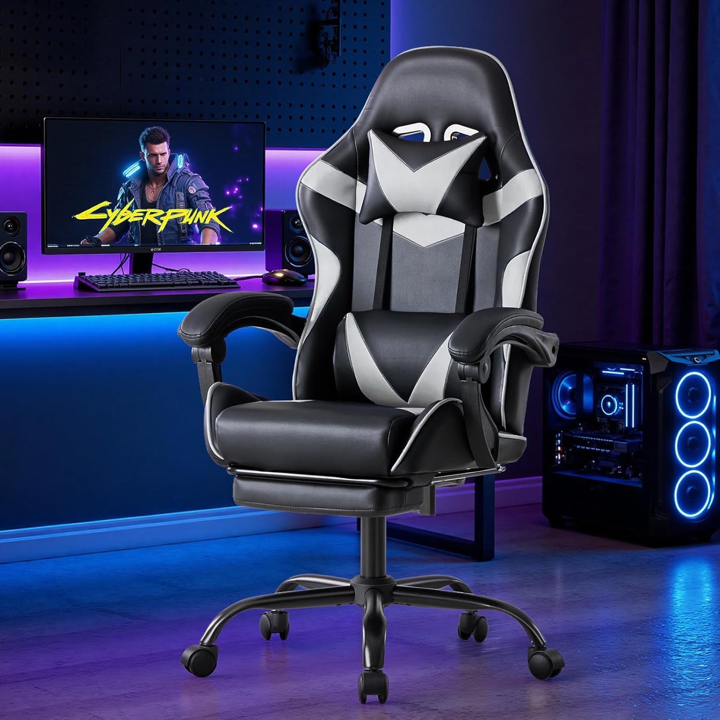 Ergonomischer Gaming-Stuhl mit Fussstütze, Modernes Weiss