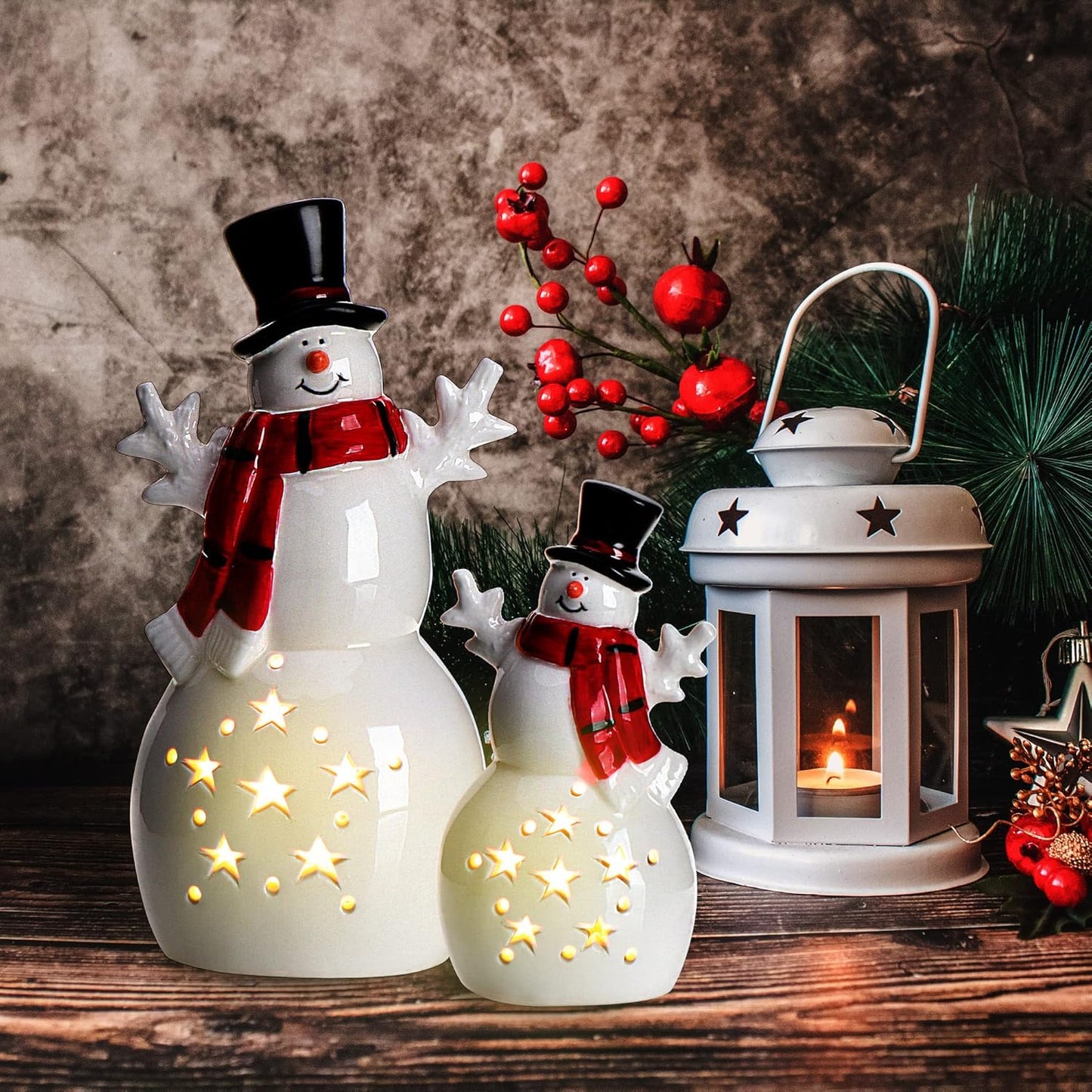 2er-Set LED-Schneemann-Leuchtfiguren, 02 Stück - Keramik Schneemann - Timer
