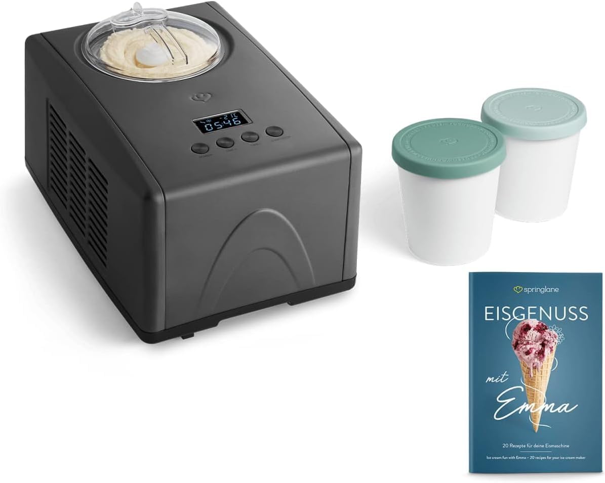 Eismaschine Emma mit Kompressor und 2 Aufbewahrungsbehältern, Anthrazit, Emma + 2 Aufbewahrungsbehälter Mint