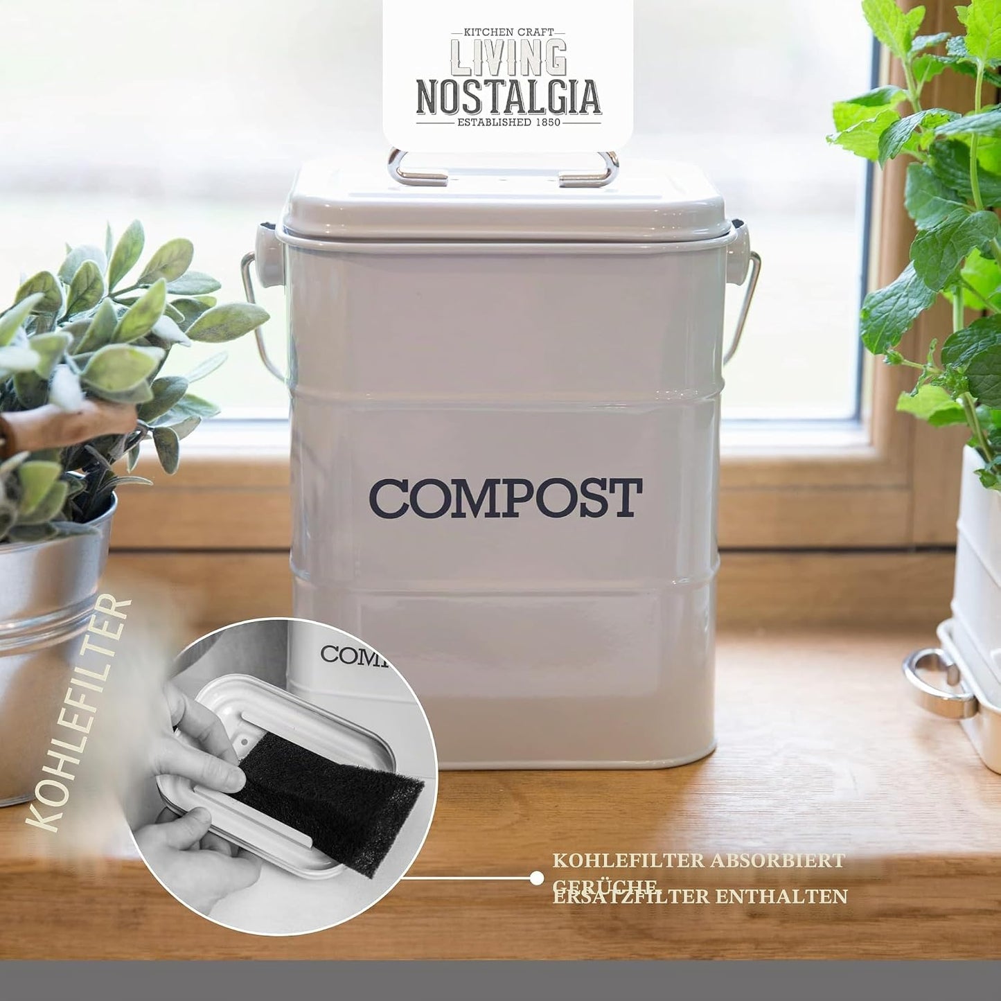 Living Nostalgie Kompostbehälter mit Aktivkohlfilter, Grau Single