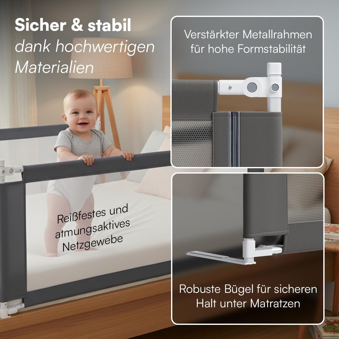 Höhenverstellbares Bettschutzgitter, Dunkelgrau - mit Gurt 180 cm