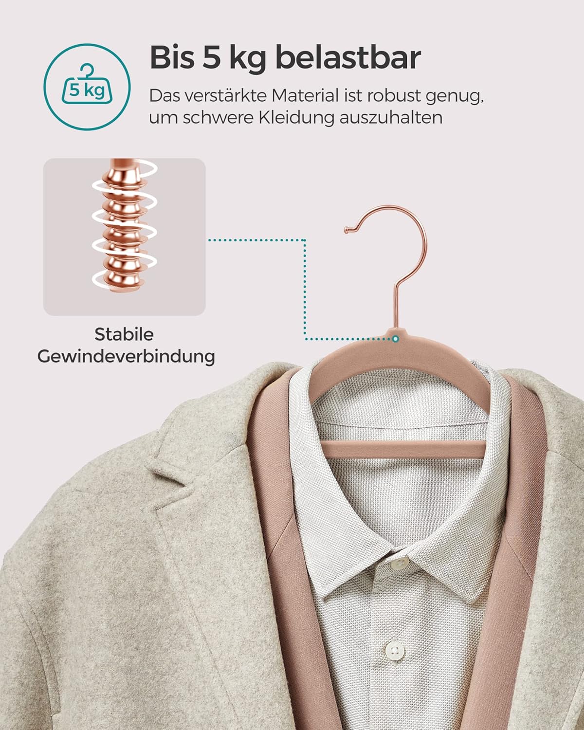 50-teiliges Kleiderbügel-Set, rutschfest, Roségold + Hellbraun, 50 Stück