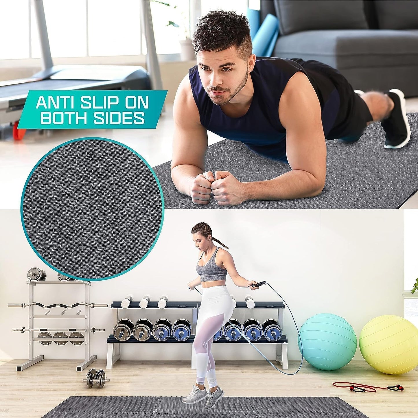 6er-Set Bodenschutzmatte für Fitnessgeräte, B. 2,2 M² (6 Fliesen) - Grau