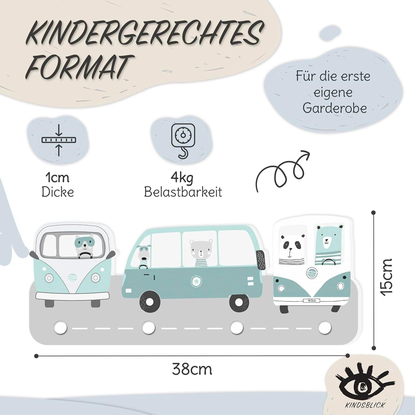 Kindergarderobe mit 4 Haken, Wild Cars Mintgrün