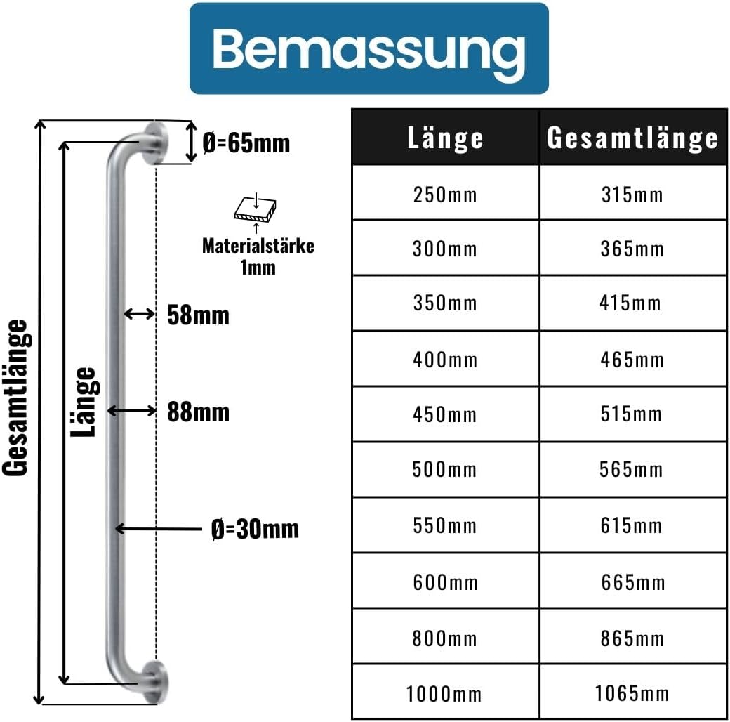 Haltegriff Edelstahl für Senioren (600mm), Edelstahl Gebürstet 600mm