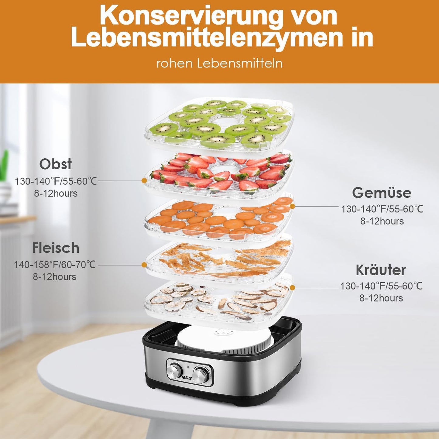 GGJ-261A Dörrautomat mit 5 höhenverstellbaren Tabletts, Knopfsteuerung 5 BPA-frei Tabletts