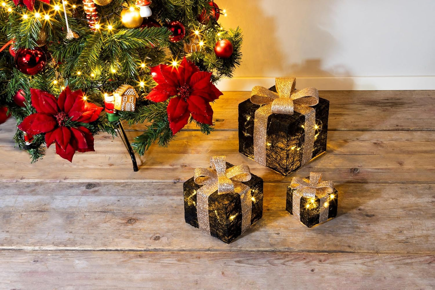 3er-Set LED-Geschenkboxen mit Timer, Schwarz-Gold