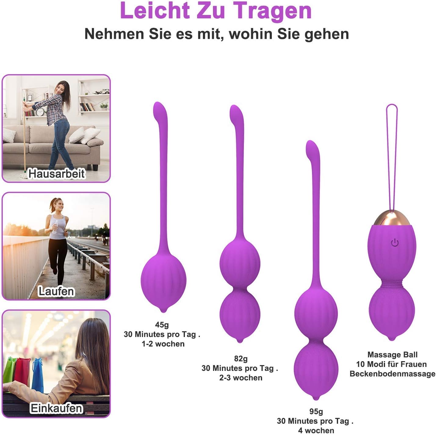 Beckenbodentrainer mit Vibrationsmodi und Fernbedienung, Lila