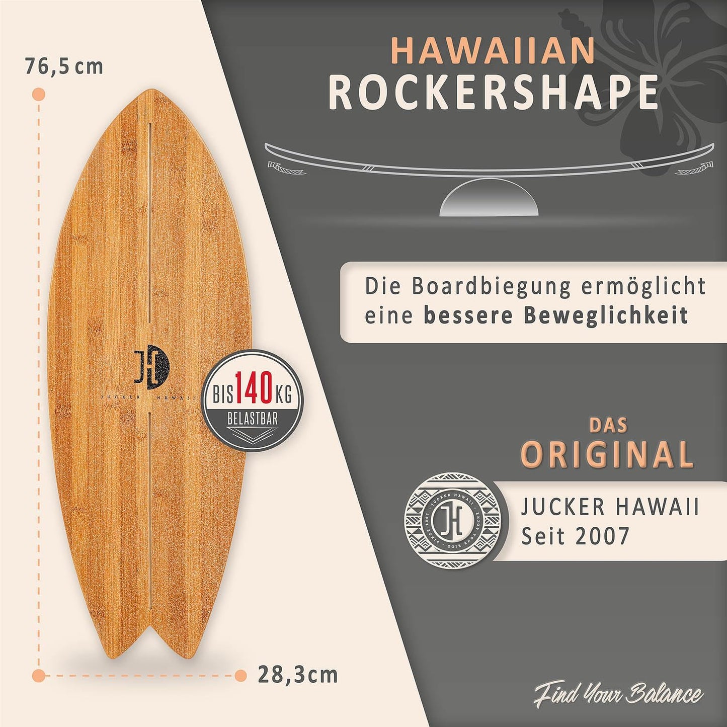 Balance Board mit rutschfester Oberfläche, Bambus + Korkhalbkugel