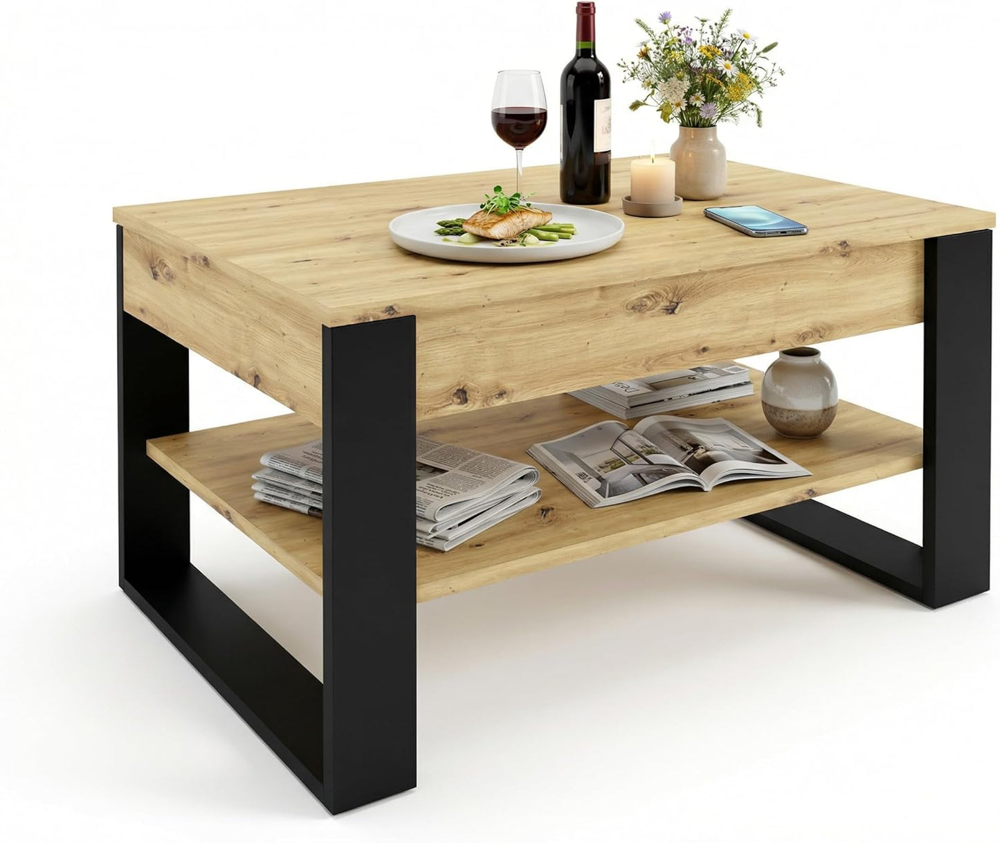 Höhenverstellbarer Couchtisch mit Stauraum, Artisan/Schwarz.