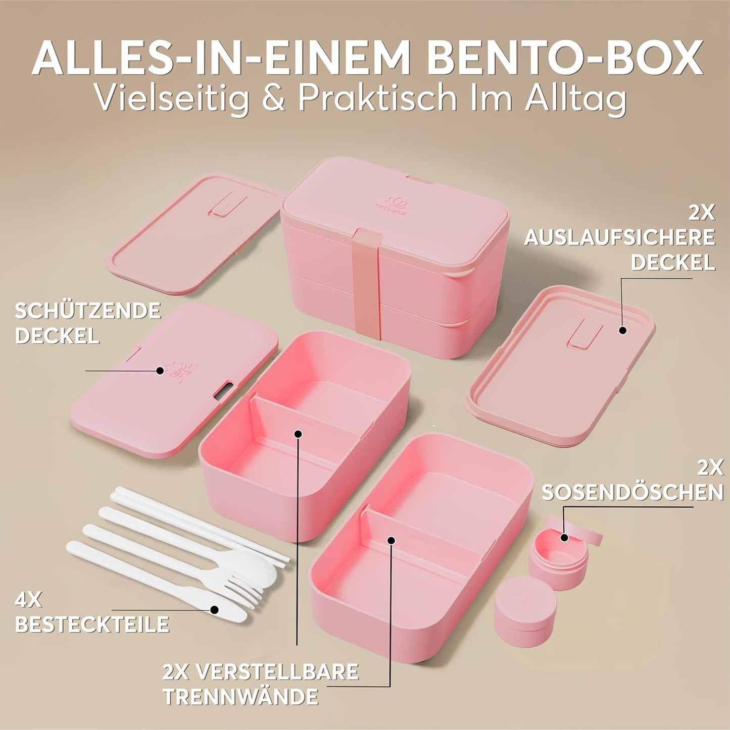 Auslaufsichere Bento Lunchbox mit Besteck & Fächern, Korallenrosa L - 1500 ml