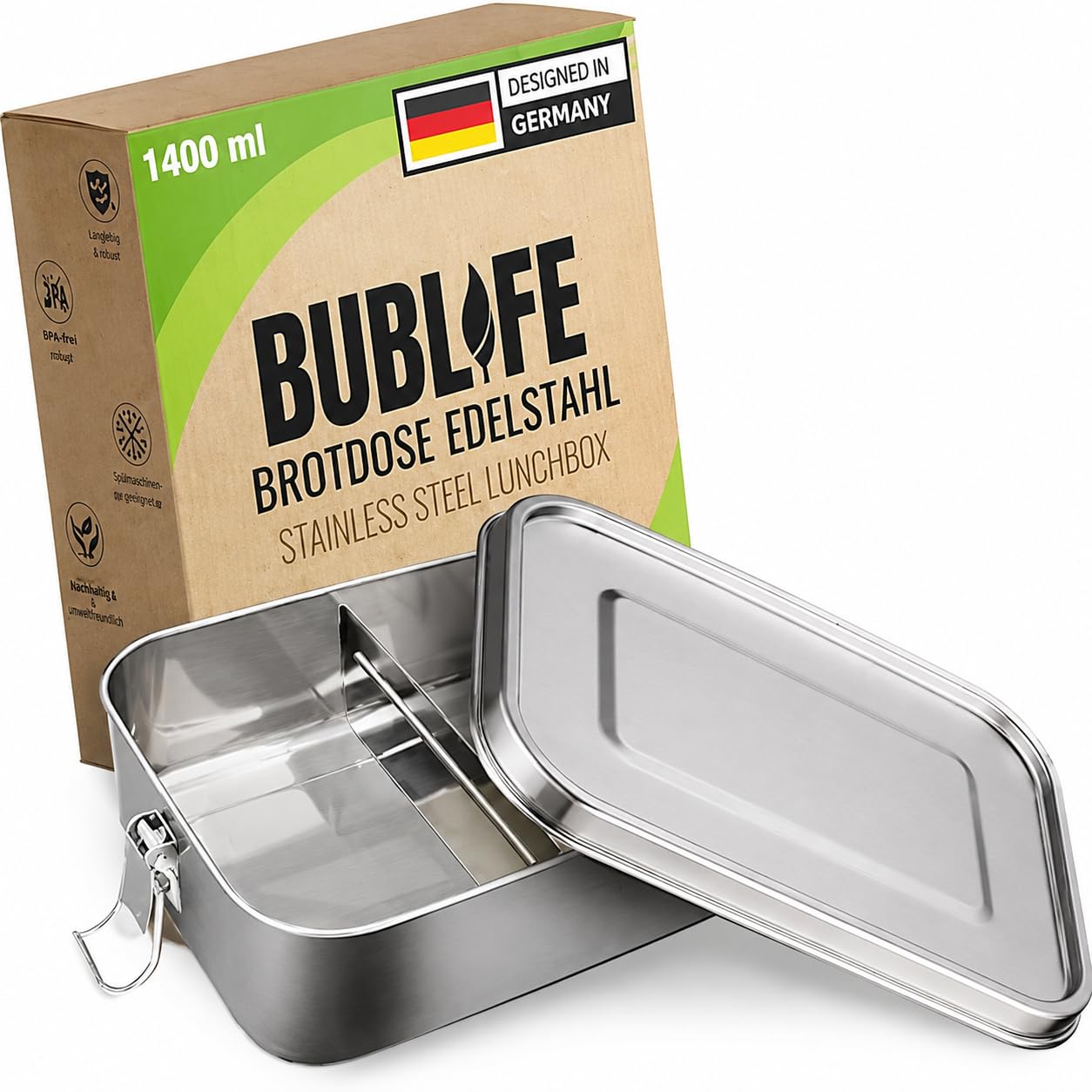 Brotdose Edelstahl mit Trennfächern (1400 ml), 1400 ml