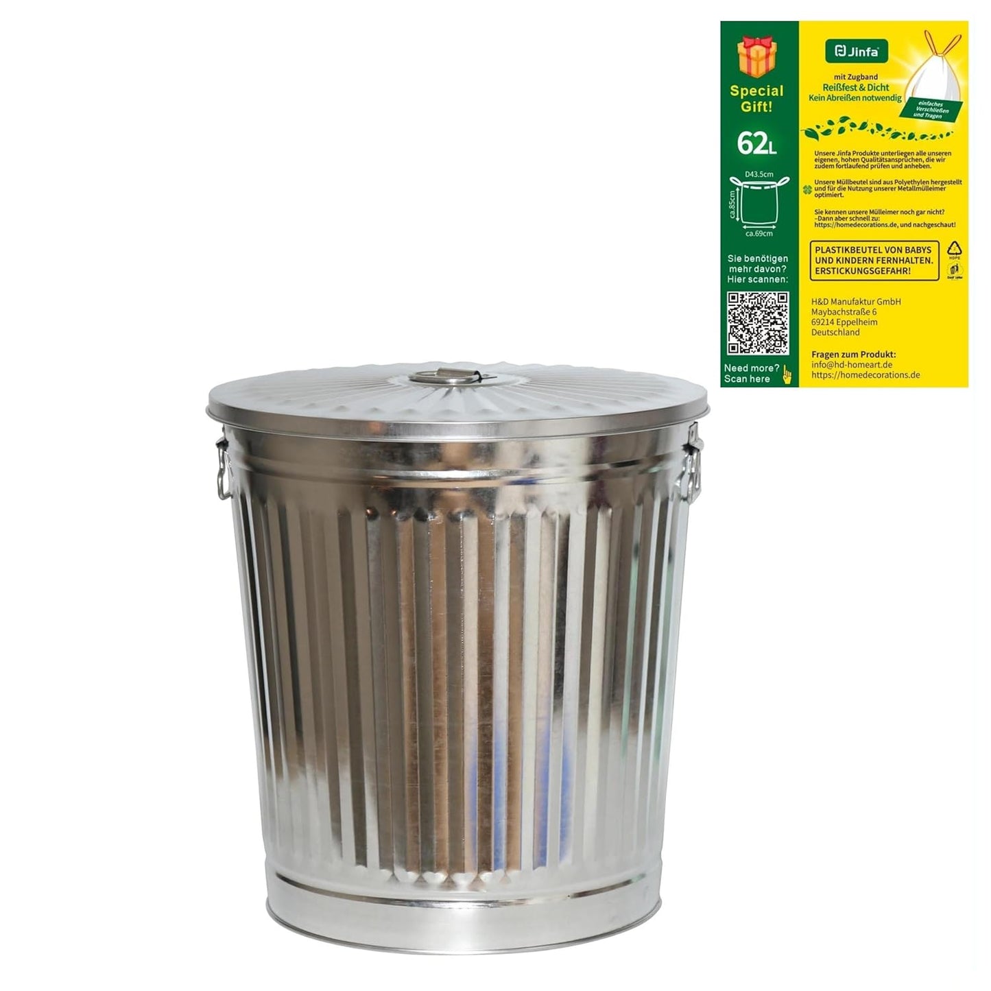 Retro-Metalleimer mit Deckel & 5 Müllbeutel (62L), Metalleimer 62 Liter + 5 Müllbeutel 1 Stück