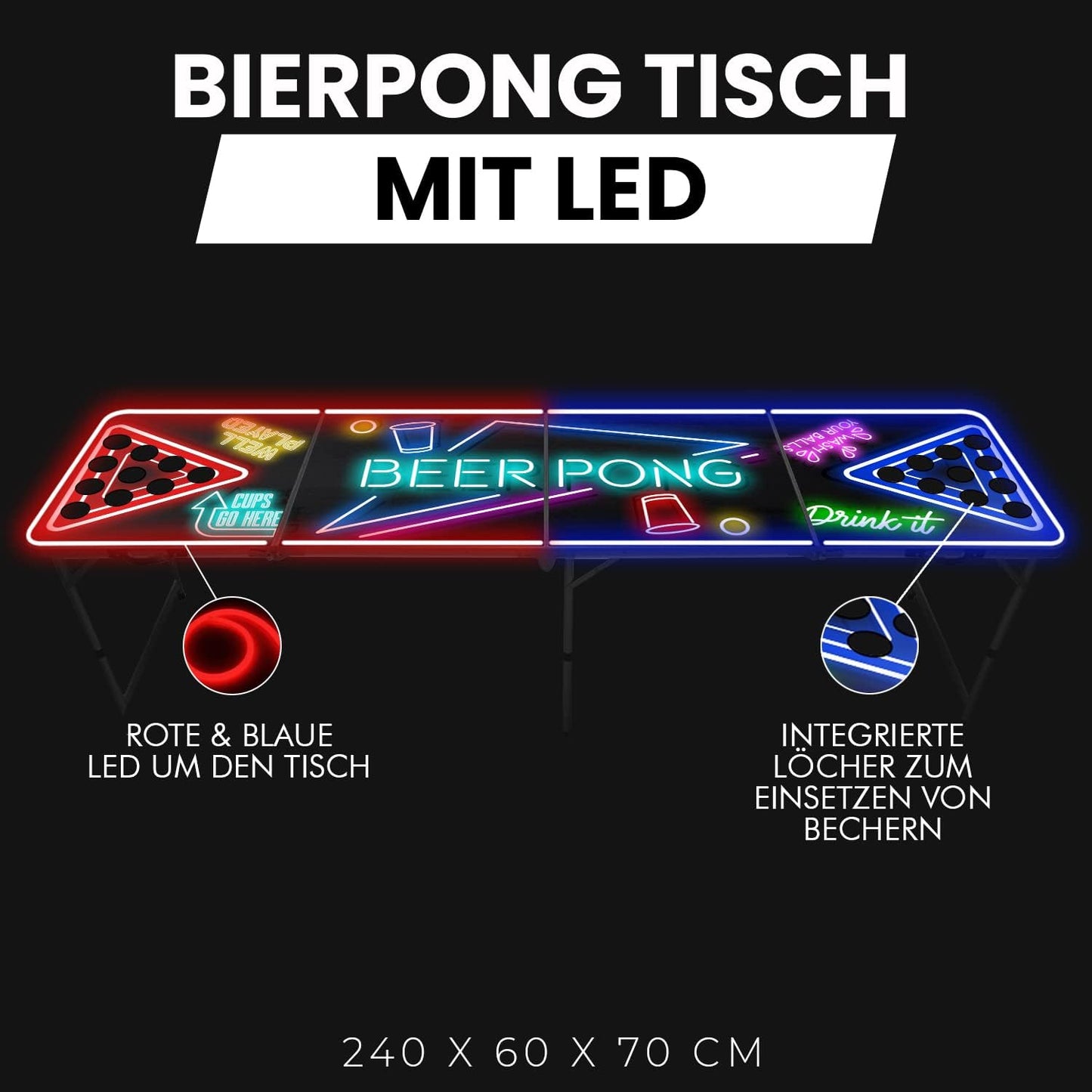 Beer Pong Tisch mit Spotlightholes und Neonlicht, Bier-pong Tisch