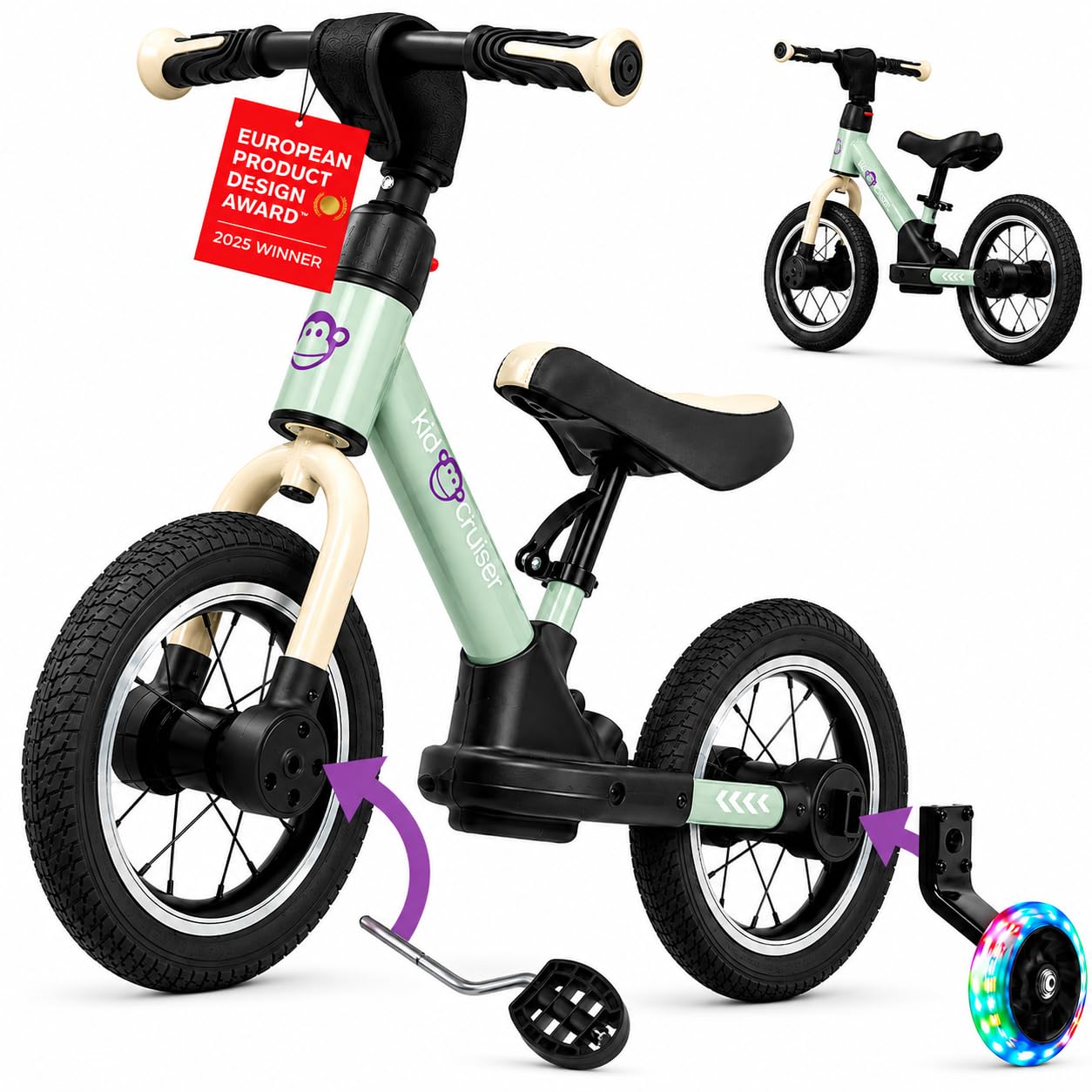 3in1 Laufrad mit LED-Stützrädern und Pedalen, Sanftes Grün