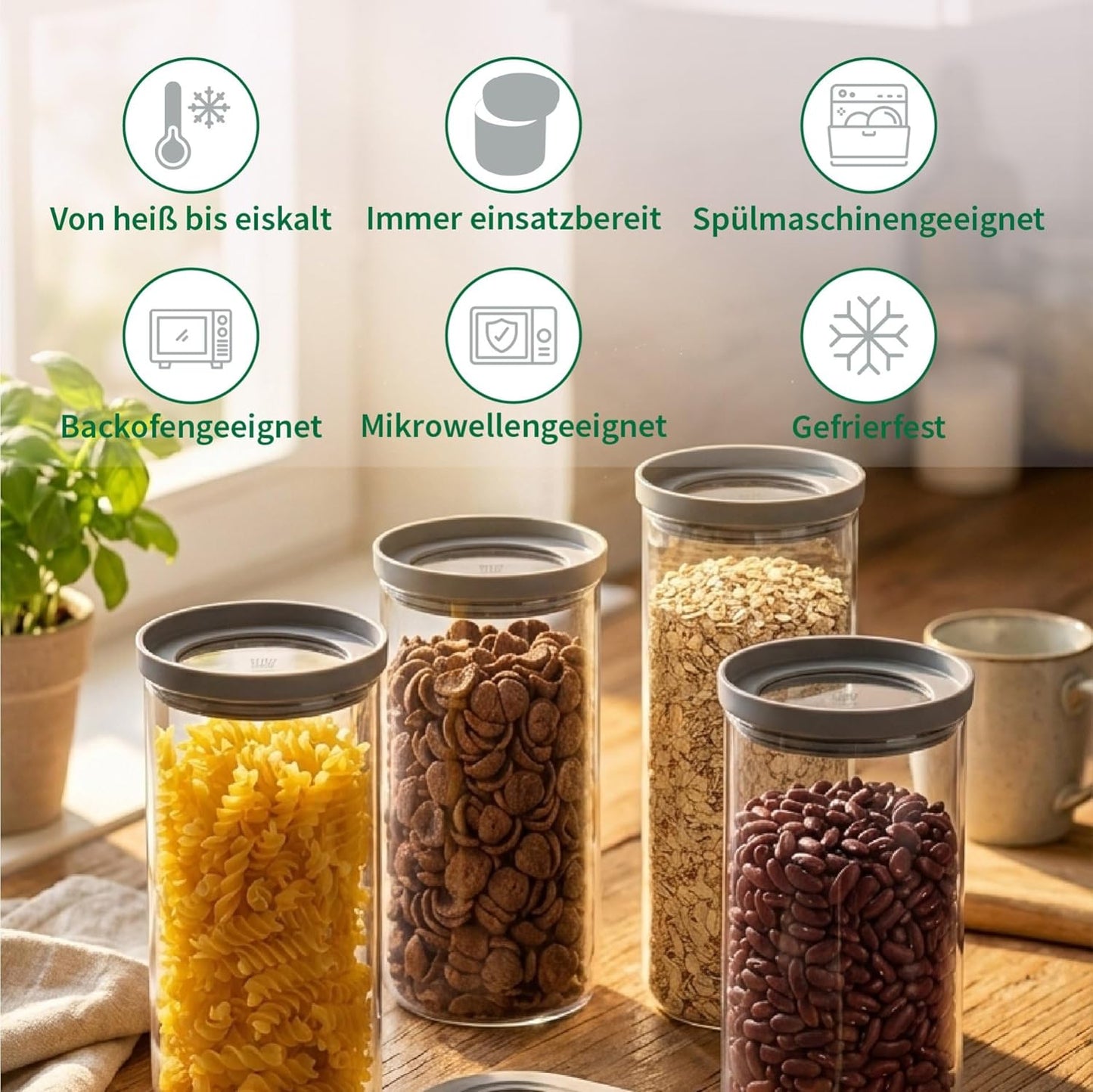 Vorratsbehälter-Set mit Glasdeckel, 4 x 1,5L