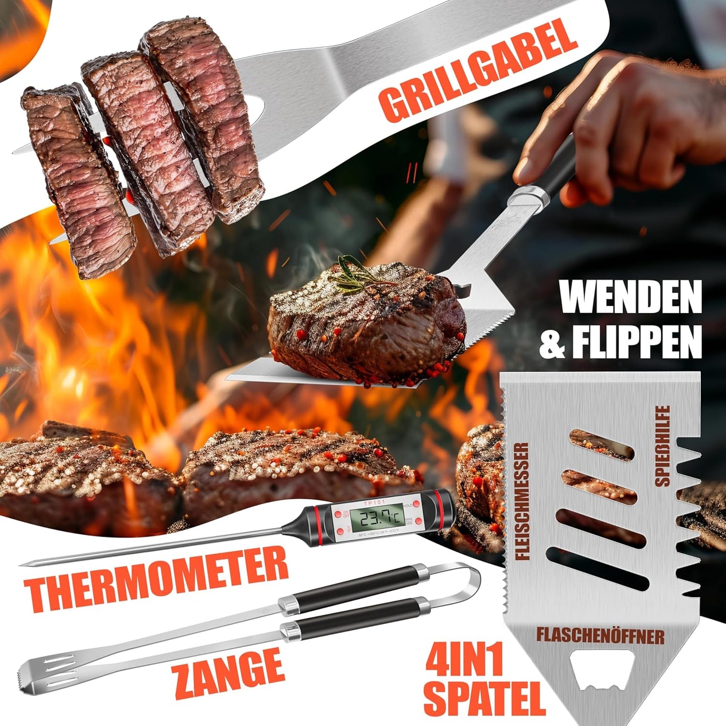 Grillbesteck-Set, Schwarz