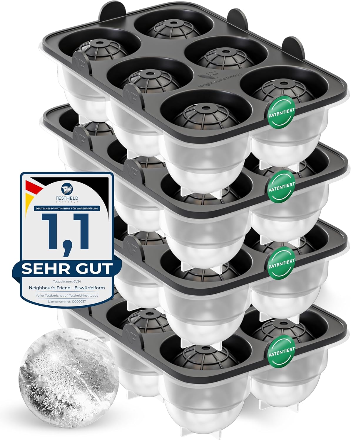 Eiskugelform-Set (4 Stück) für Cocktails & Whisky, 4x Eiskugelform