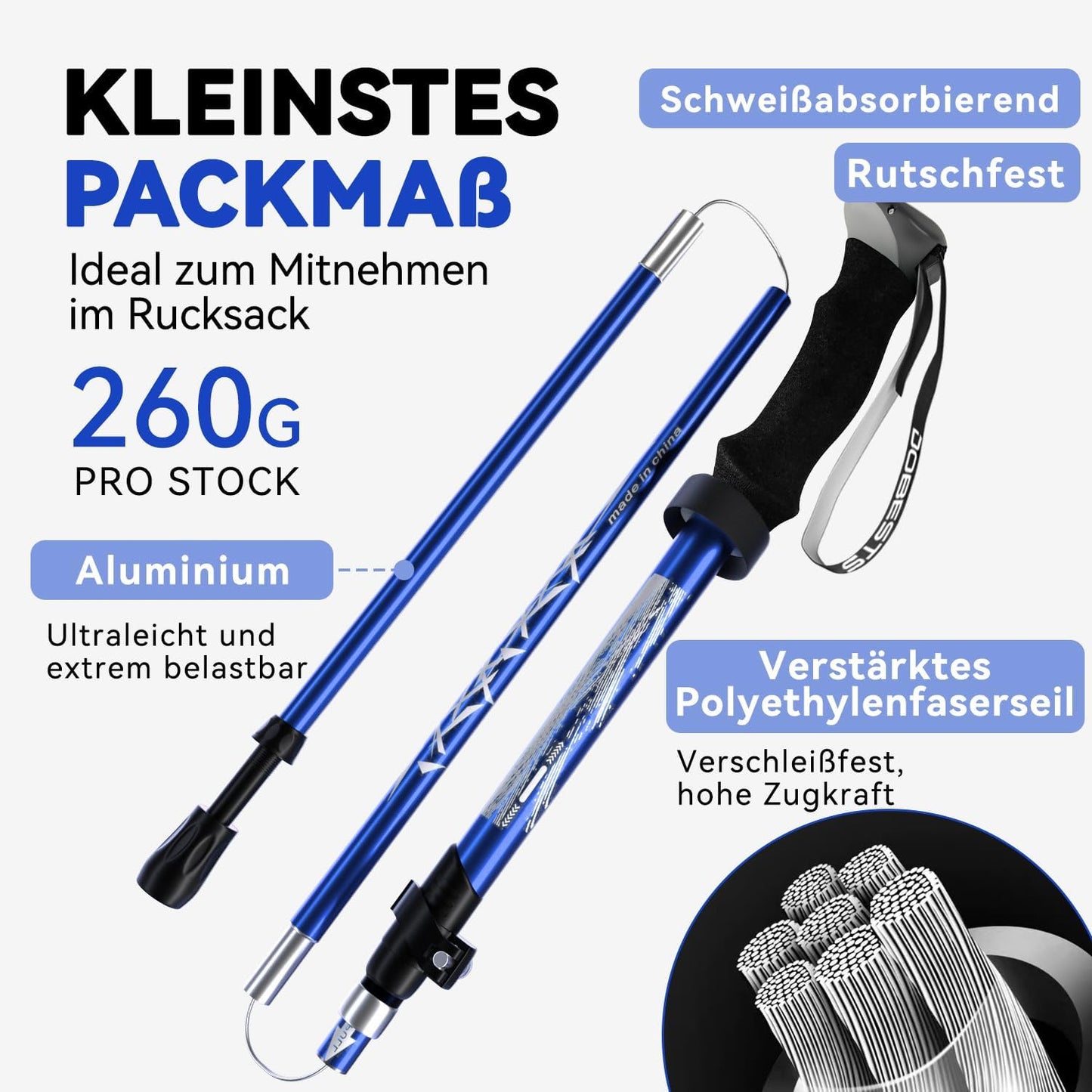 Faltbare Trekkingstöcke mit Gummipuffer und Tragebeutel, Blau