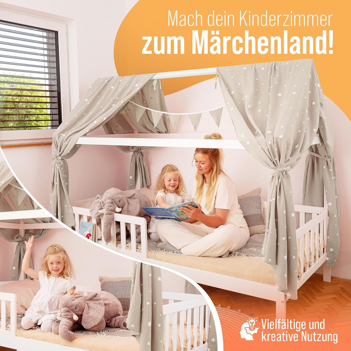 Hausbett Himmel-Set mit Sternendruck und Wimpelkette, Beige Sterne H320 x B130 cm (2er Set)