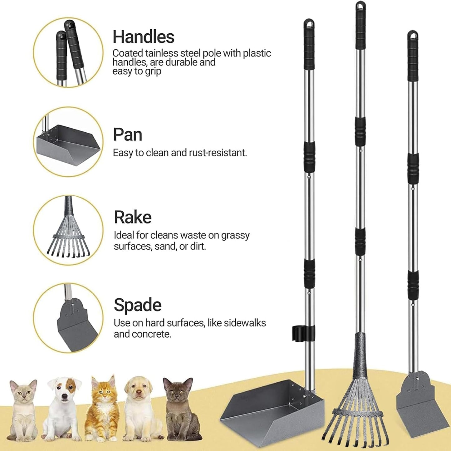 Hundekotschaufel-Set, Tablett, Harke und Spaten