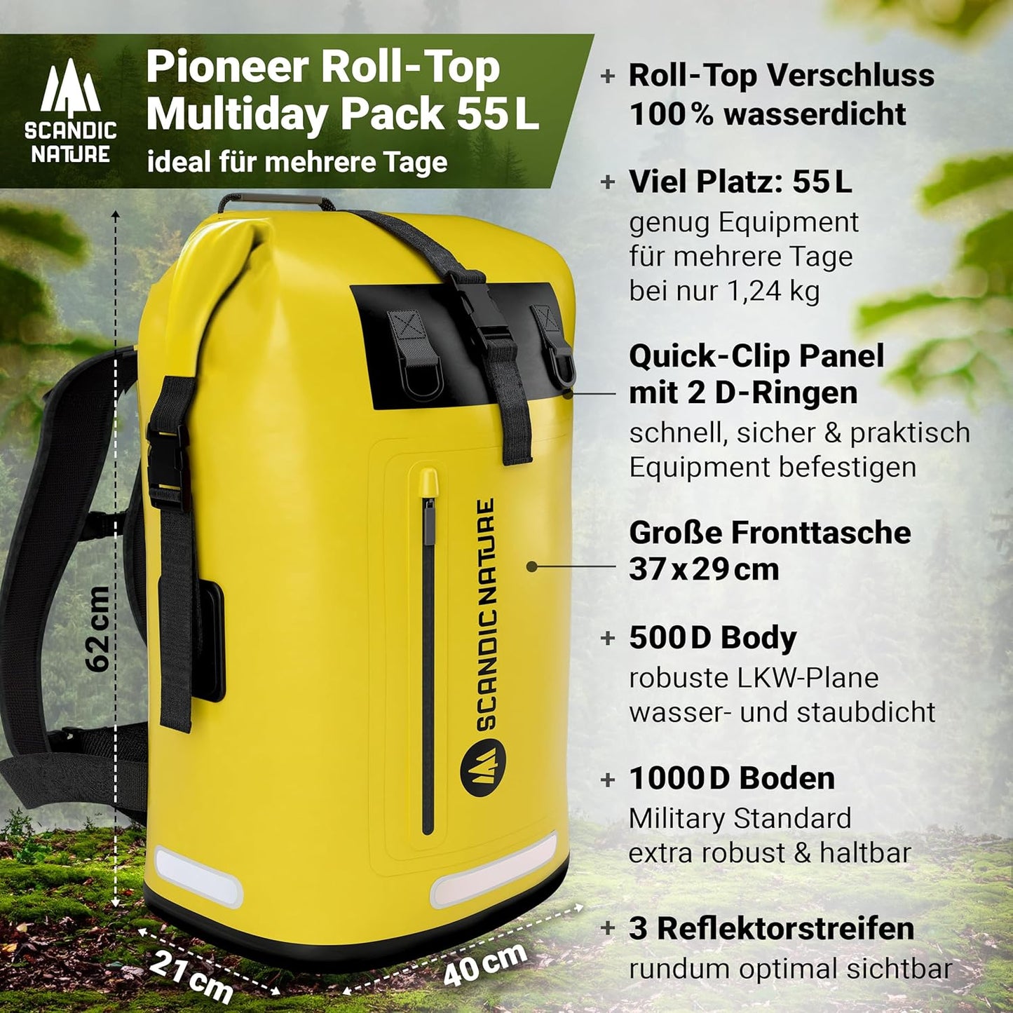 Wasserdichter Rucksack mit Rolltop-Verschluss und Handyhülle, Gelb 35 Liter