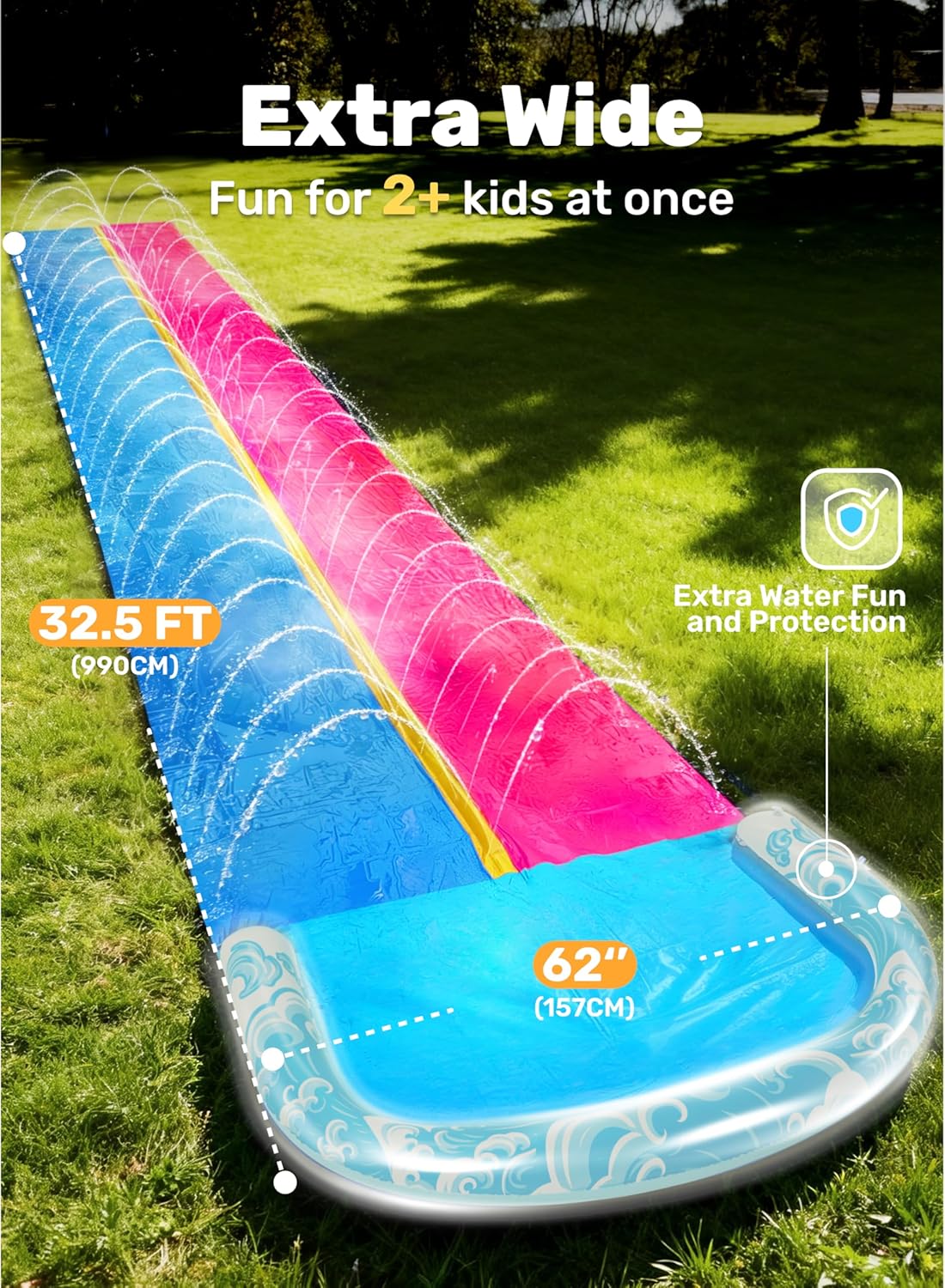 Extra lange Doppel-Wasserrutsche mit Sprinkler (32,5ft), 990.6cm Blau, Rosa