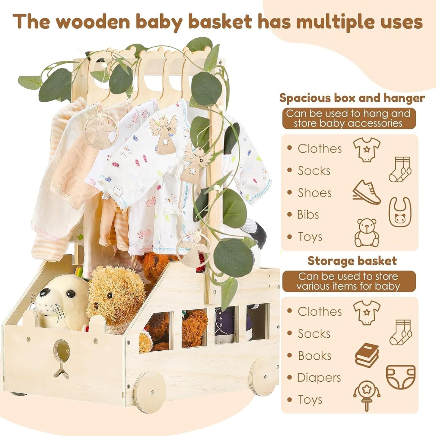 Babykorb auf Rädern mit Puppenkleiderbügeln, Rabbit