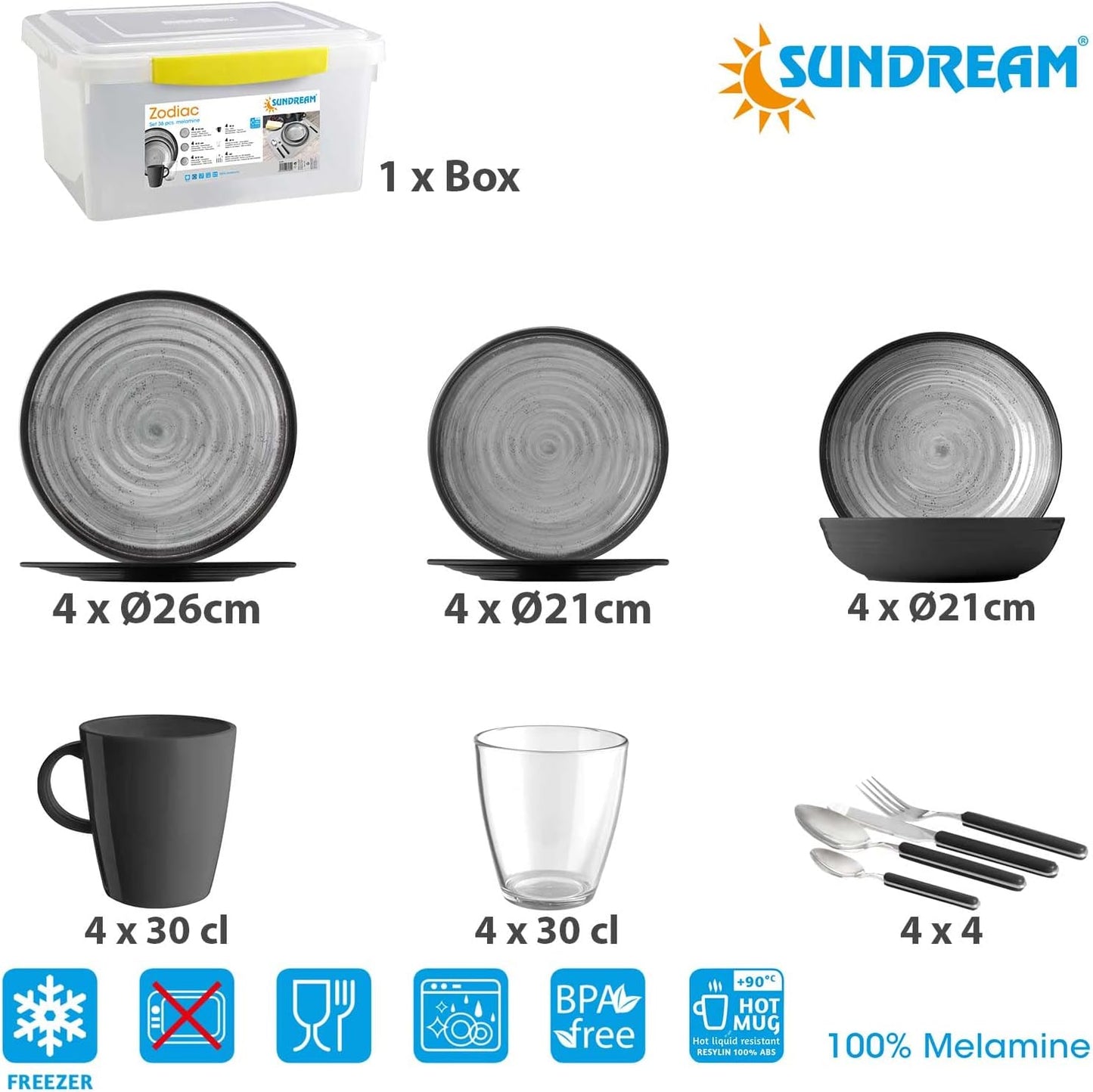 Camping-Geschirr Set Melamin (36-teilig) für 4 Personen, All Inclusive 4 Personen 36-teilig inkl. Box