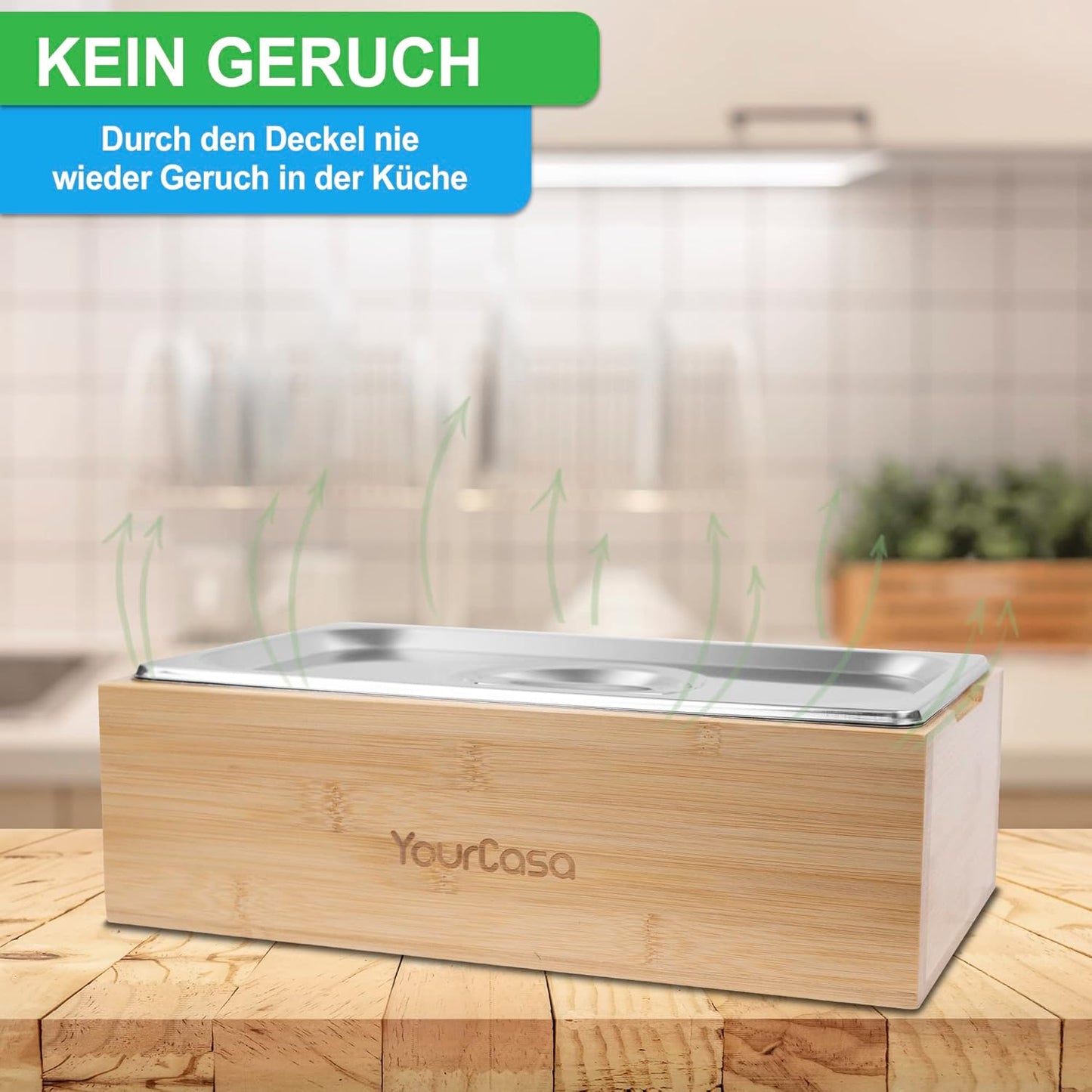 Spülmaschinenfester Biomülleimer, geruchsdicht, Bambus Holz
