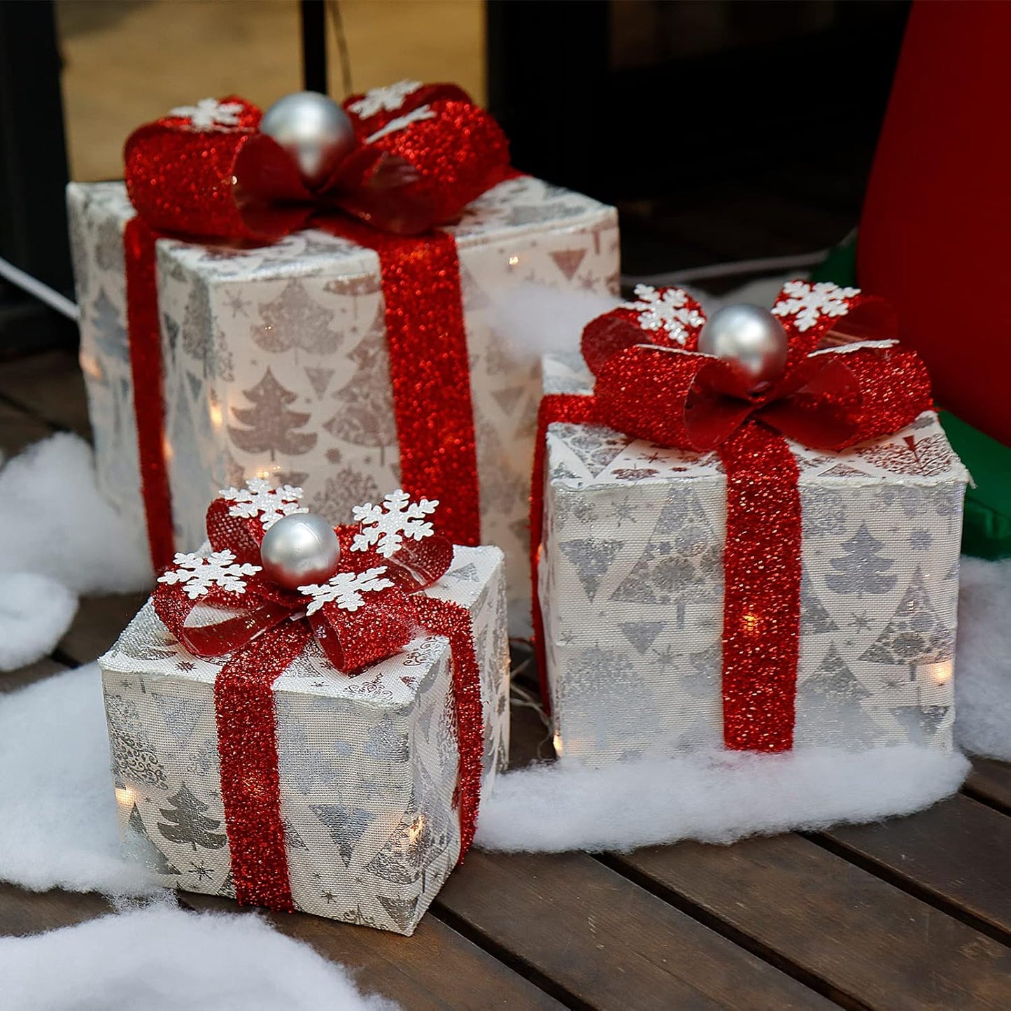 3er LED Geschenkbox Set mit Lichterkette, 009 Weiss mit Weihnahchtsbaum - Netzstecker