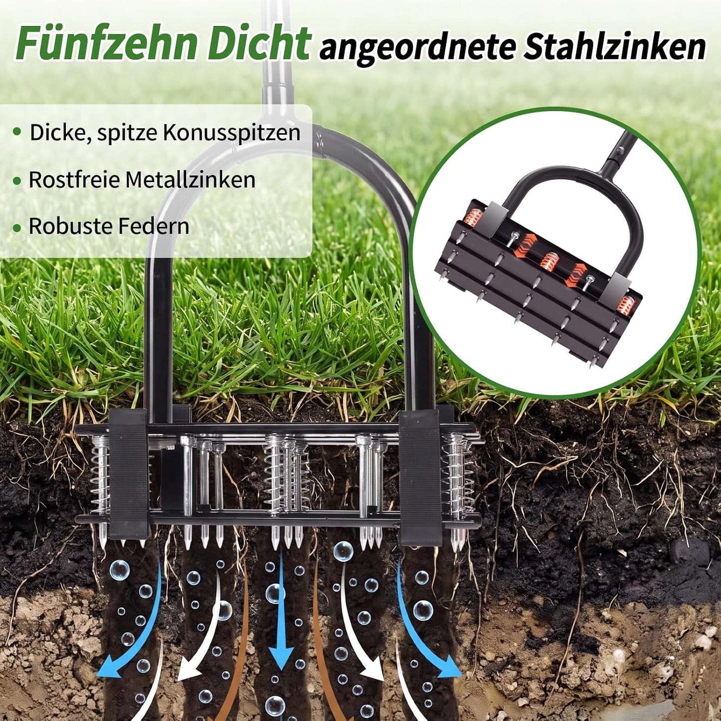 Rasenlüfter mit Stahlspitzen und Rückholfedern