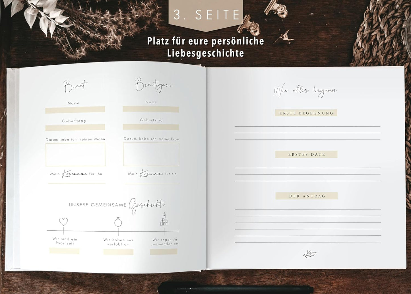 Hochzeit-Gästebuch mit Fragen zum Ausfüllen, mit Fragen Wildflowers/Gold