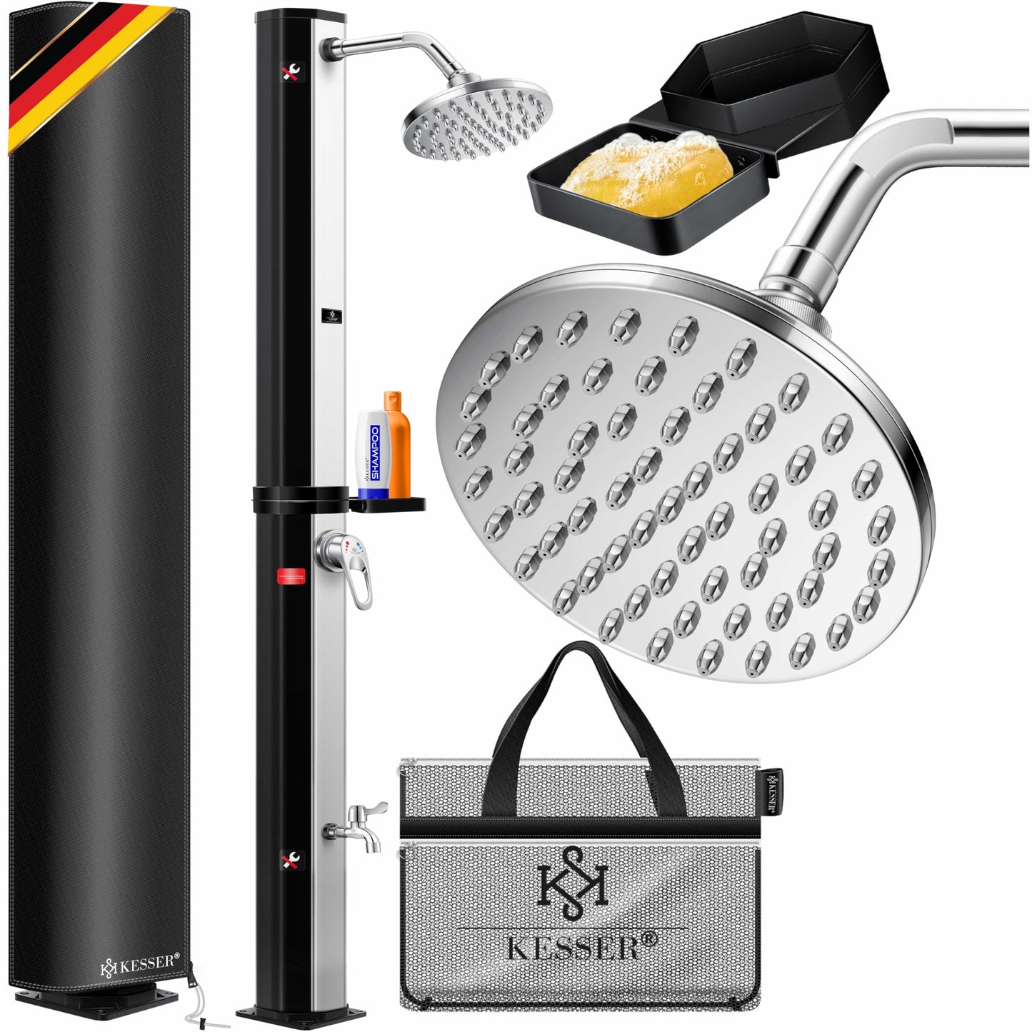 Solardusche mit Regenduschkopf, 40 Liter Schwarz / Silber