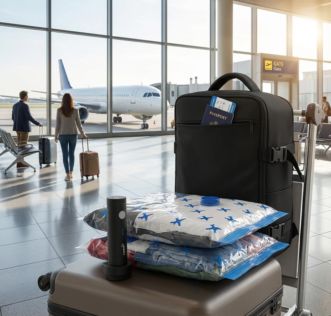 Reise-Vakuumbeutelset mit USB-C-Pumpe, Pumpe + 12 Beutel (6: 40×45 cm + 6: 40x60 cm)
