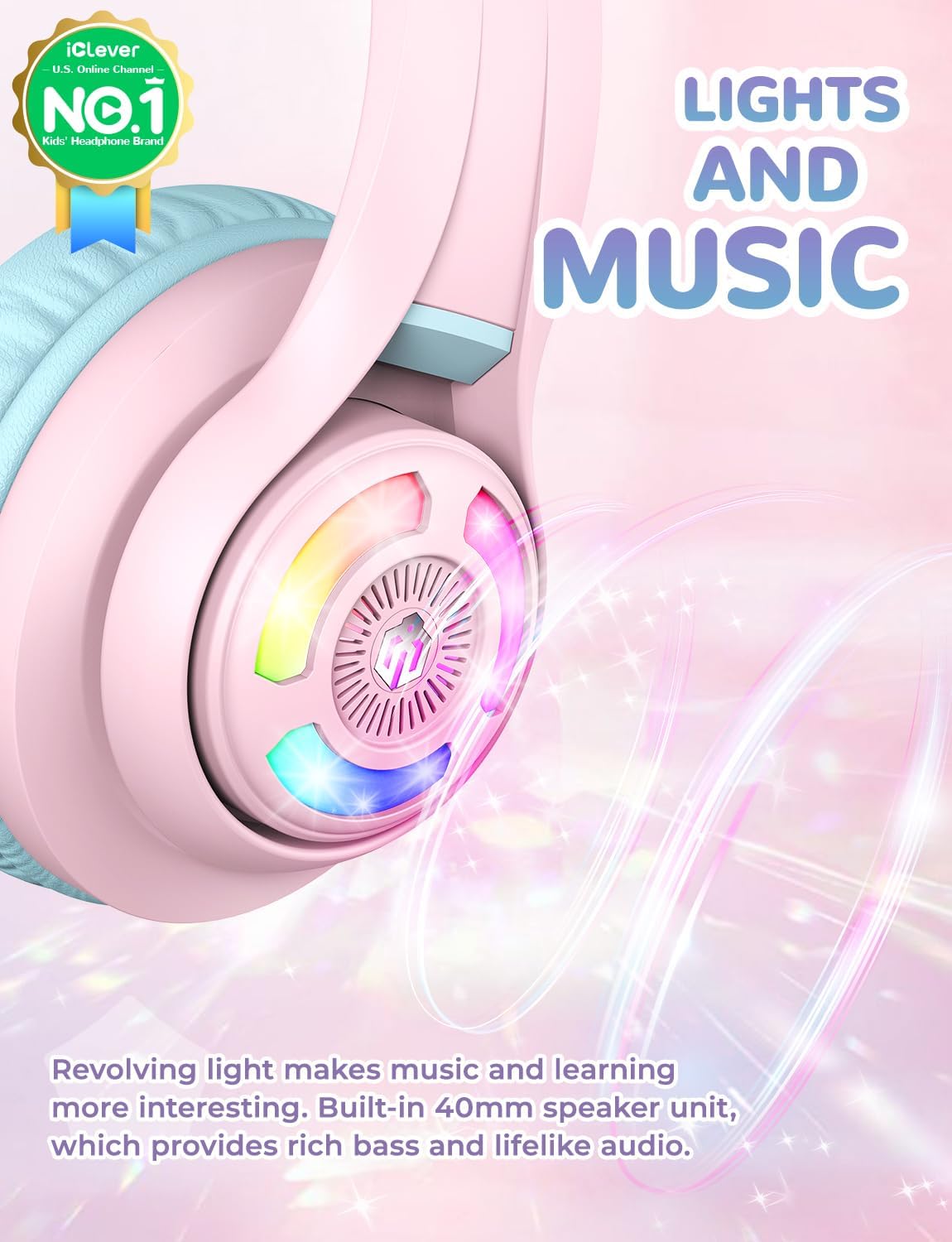 Bluetooth-Kinderkopfhörer mit LED-Katzenohren, Rosa