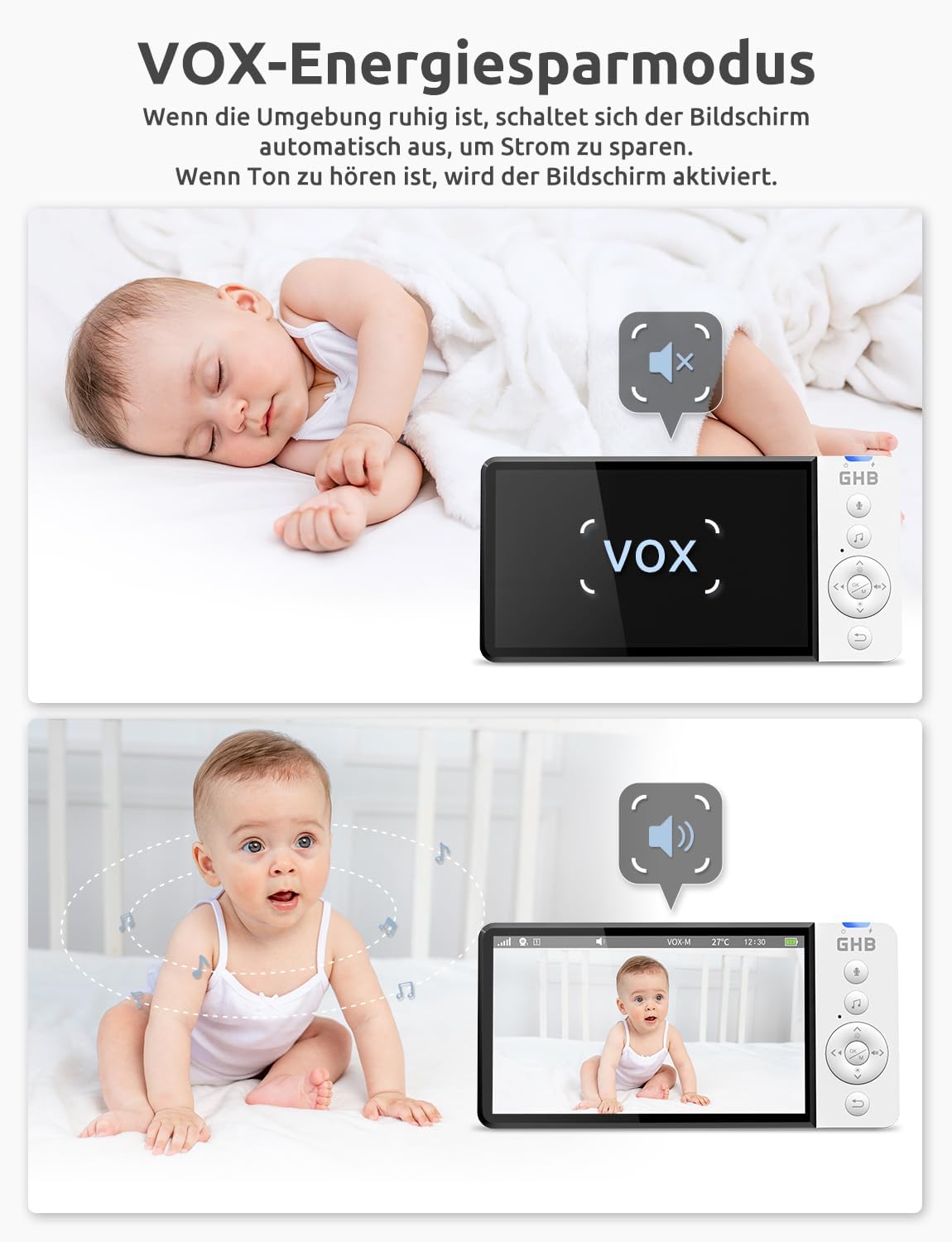 ABM700E Babyphone mit Kamera und 5 Zoll HD-Display, manuell drehbar