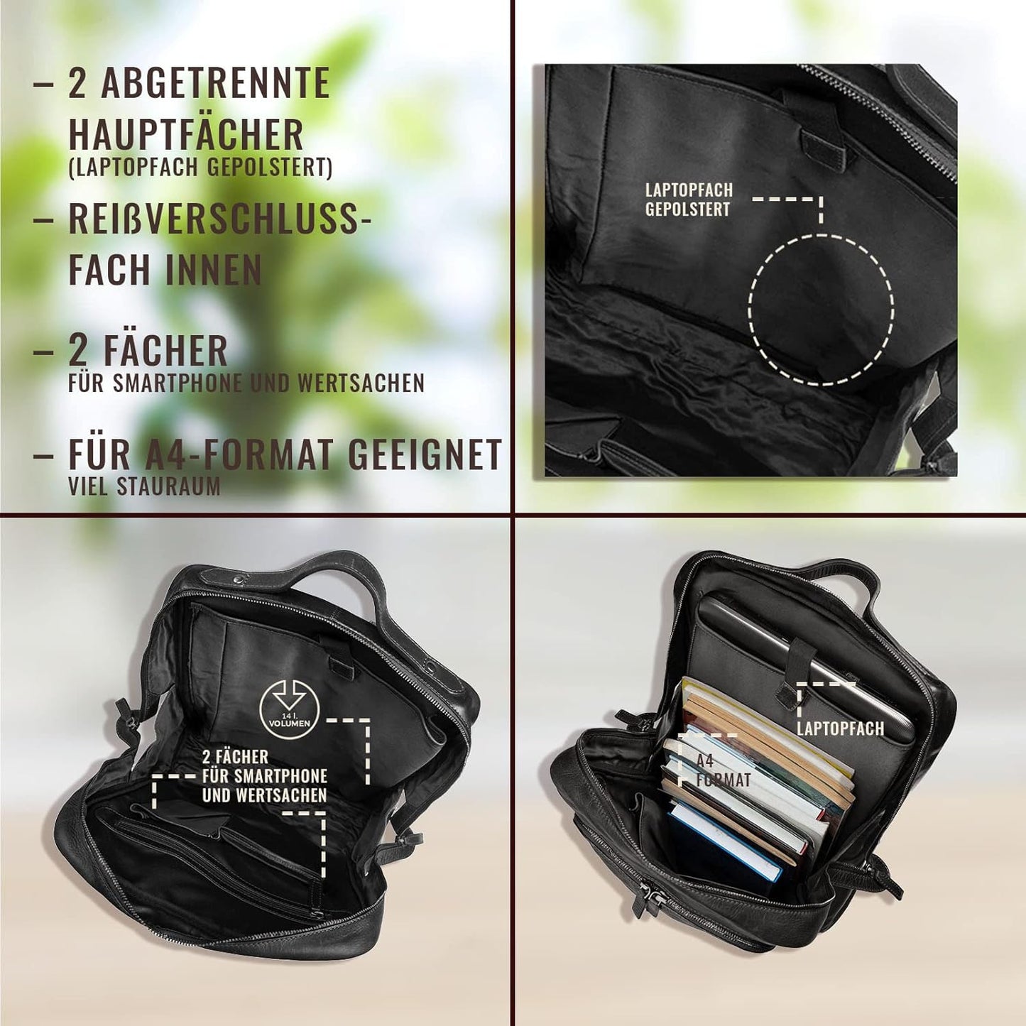 Lederrucksack mit Organizer-Fach, Schwarz