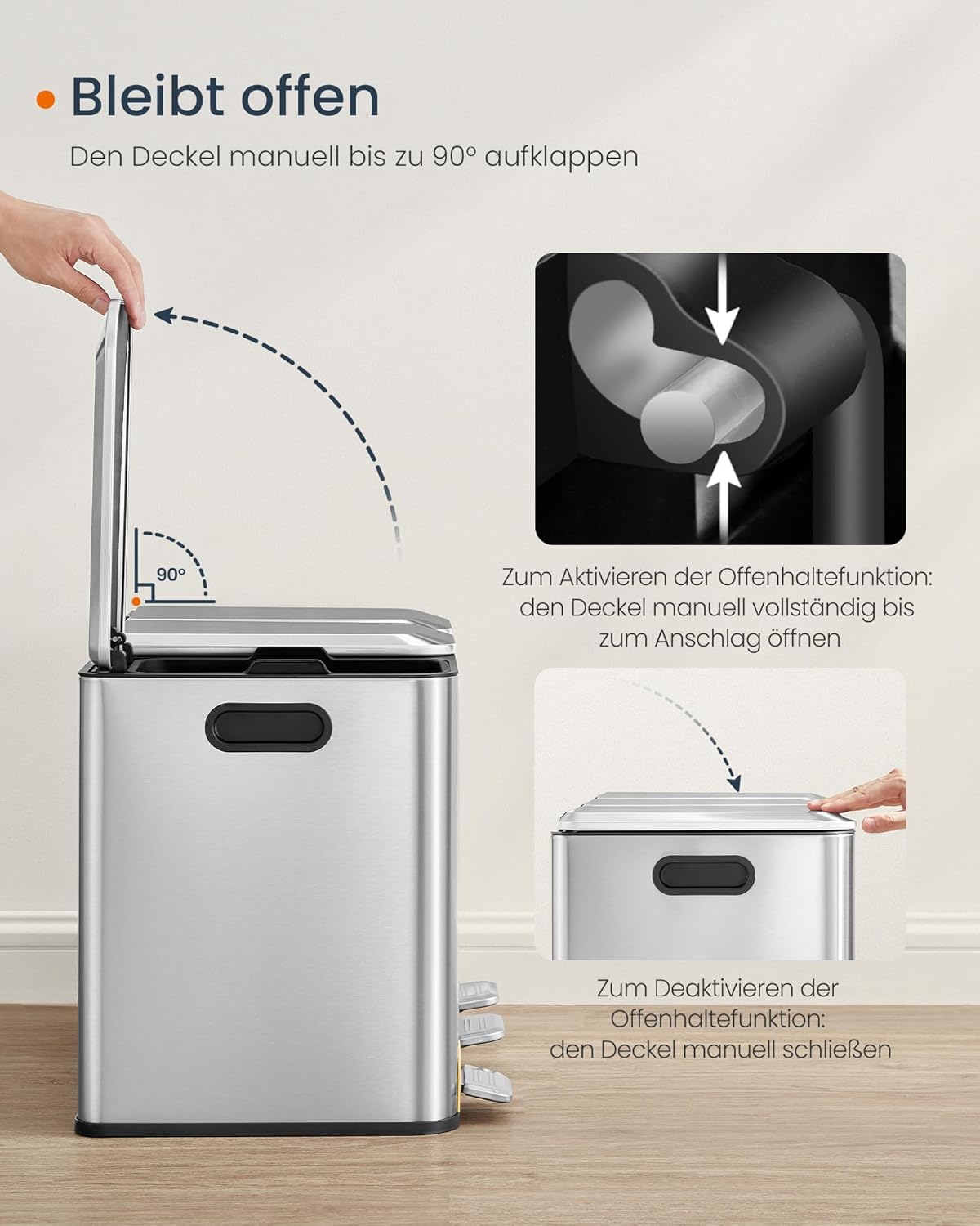 Mülleimer mit 3-Fach Mülltrennsystem, metallicsilber