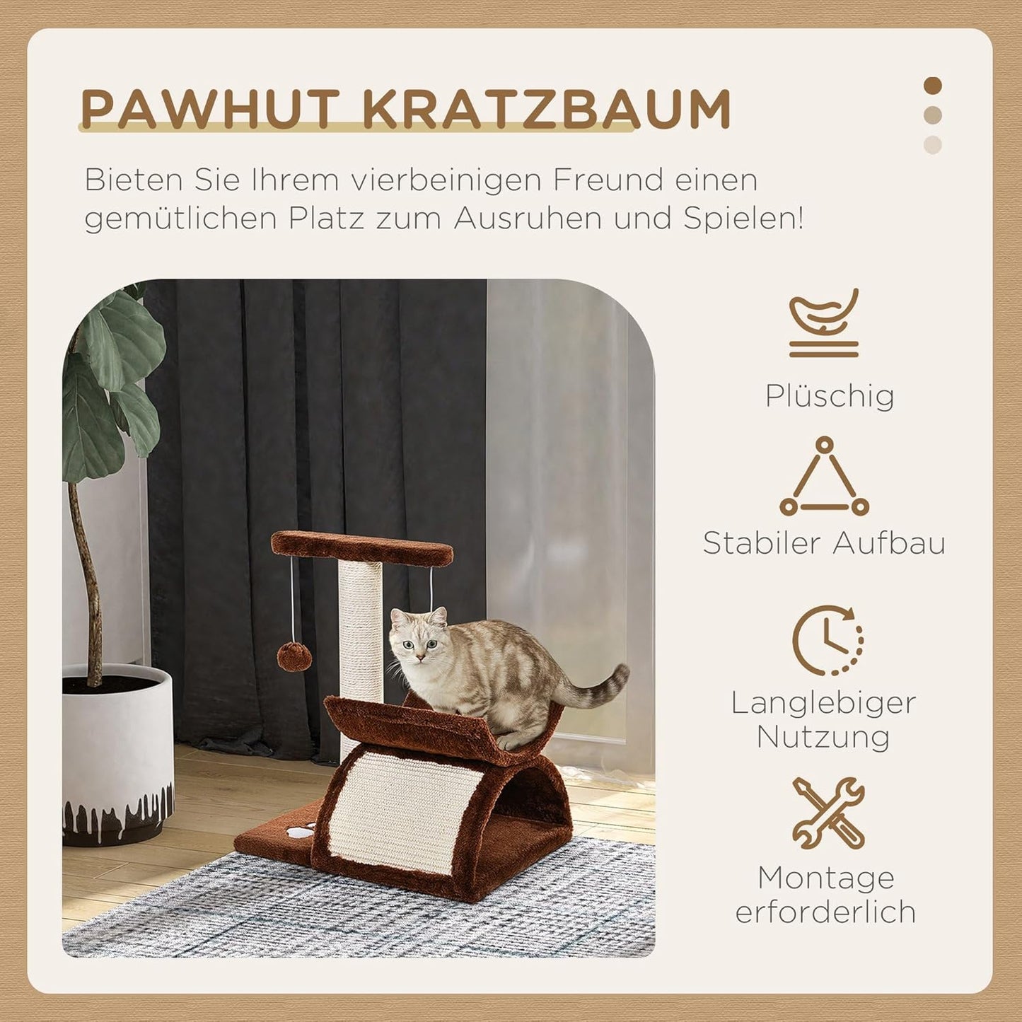 Katzenkratzbaum mit Spielball 43 cm hoch, Braun 40L x 30B x 43H cm